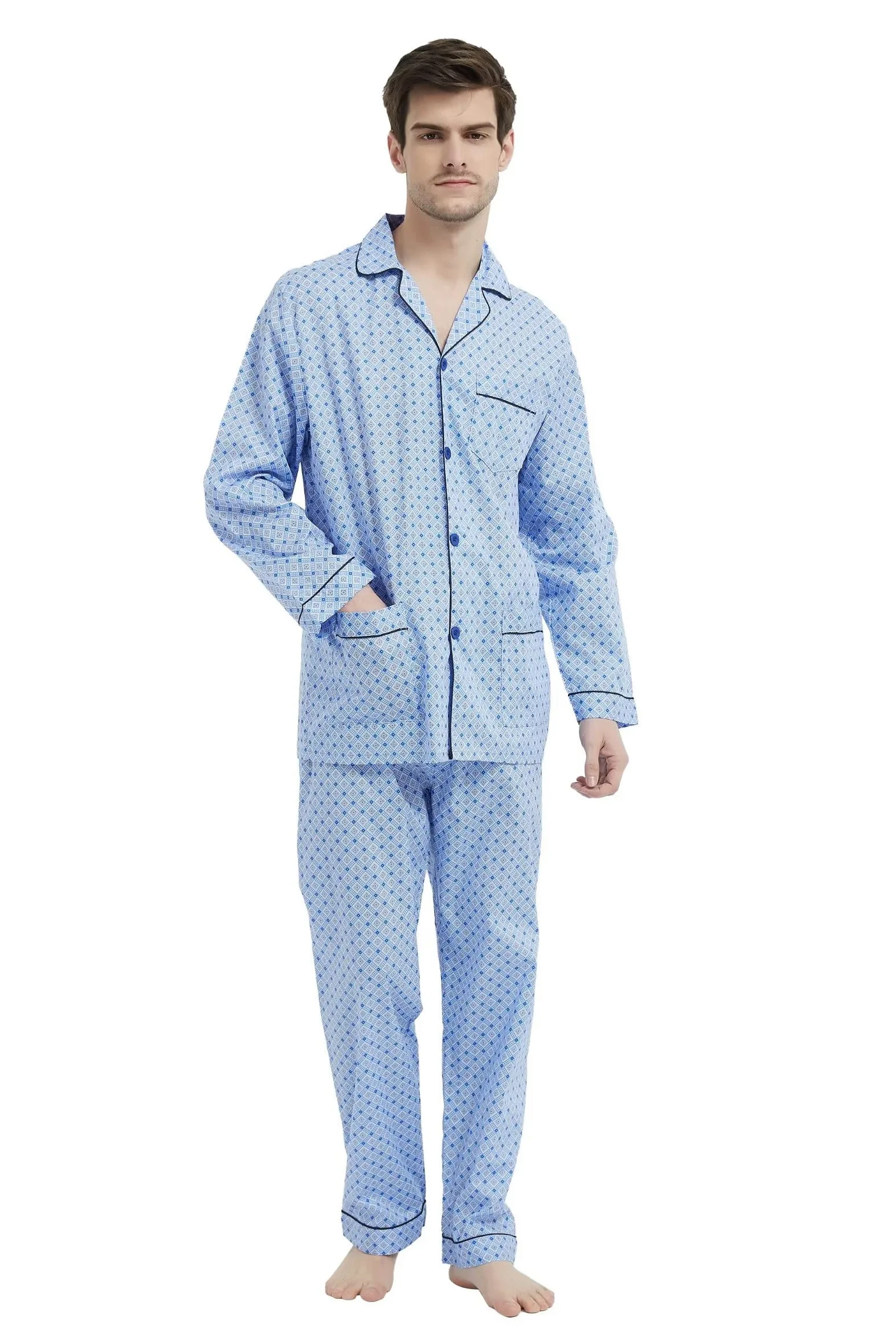Amaxer Pijama de algodón de Manga Larga para Hombre, Amplio y cómodo, con Estampado de Rayas, Bolsillos y cordón de Ajuste
