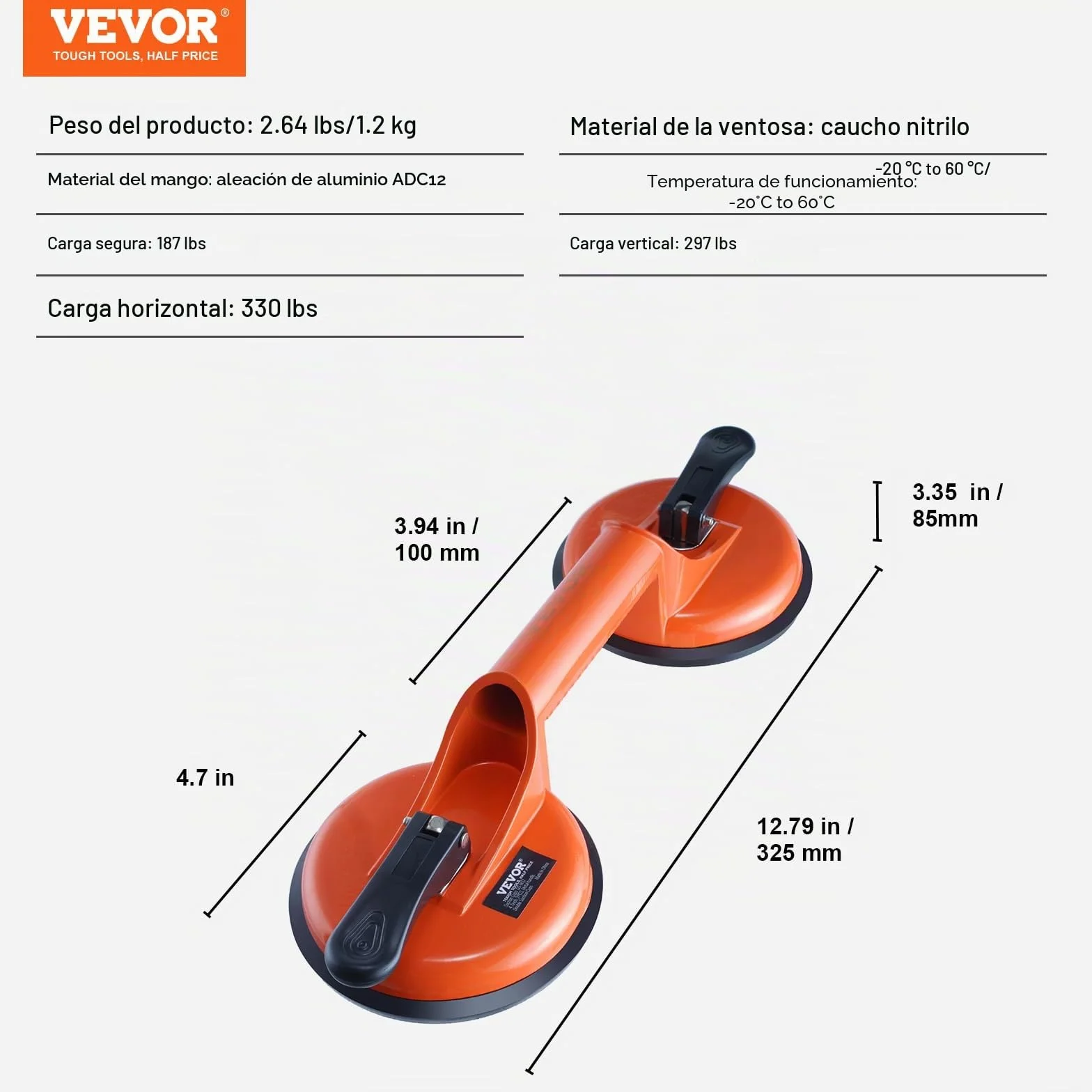 VEVOR Ventosa para Azulejos Doble 119 mm 2 Piezas 150 kg Carga Mango Aleación Aluminio Elevación Industrial
