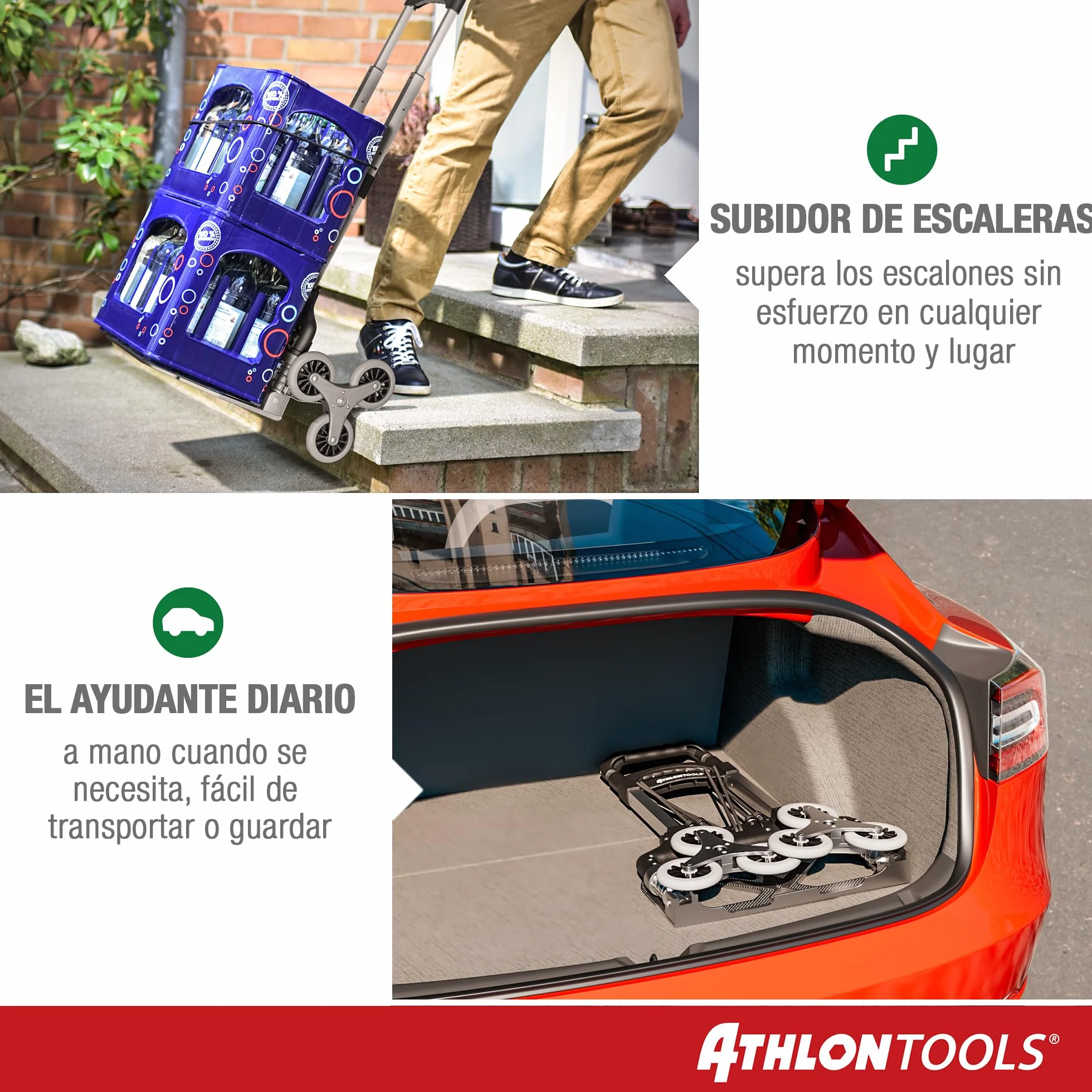 ATHLON TOOLS Carretilla Plegable de Aluminio, TÜV GS-Certificado, Mango 110 cm, Almohadillas Antideslizantes, Modelo 2025