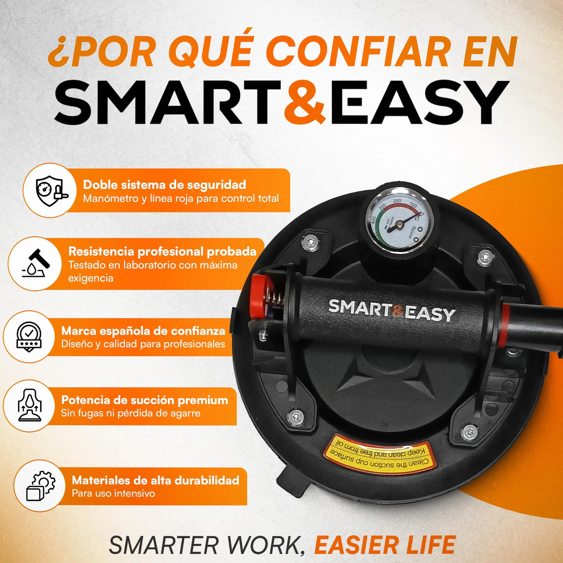 SMART&EASY Set 2 Ventosas para Azulejos con Manómetro 200 kg Succión 200 mm Diámetro Maletín Compacto