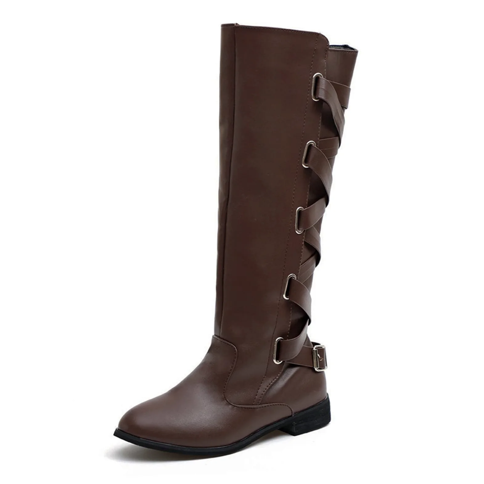 Botas hasta la Rodilla con Cordones para Mujer Botas de Nieve cálidas de Invierno Botas de Montar de Cuero para Mujer Botas de Tobillo Planas con Hebilla de cinturón para Mujer con Cremallera Lateral