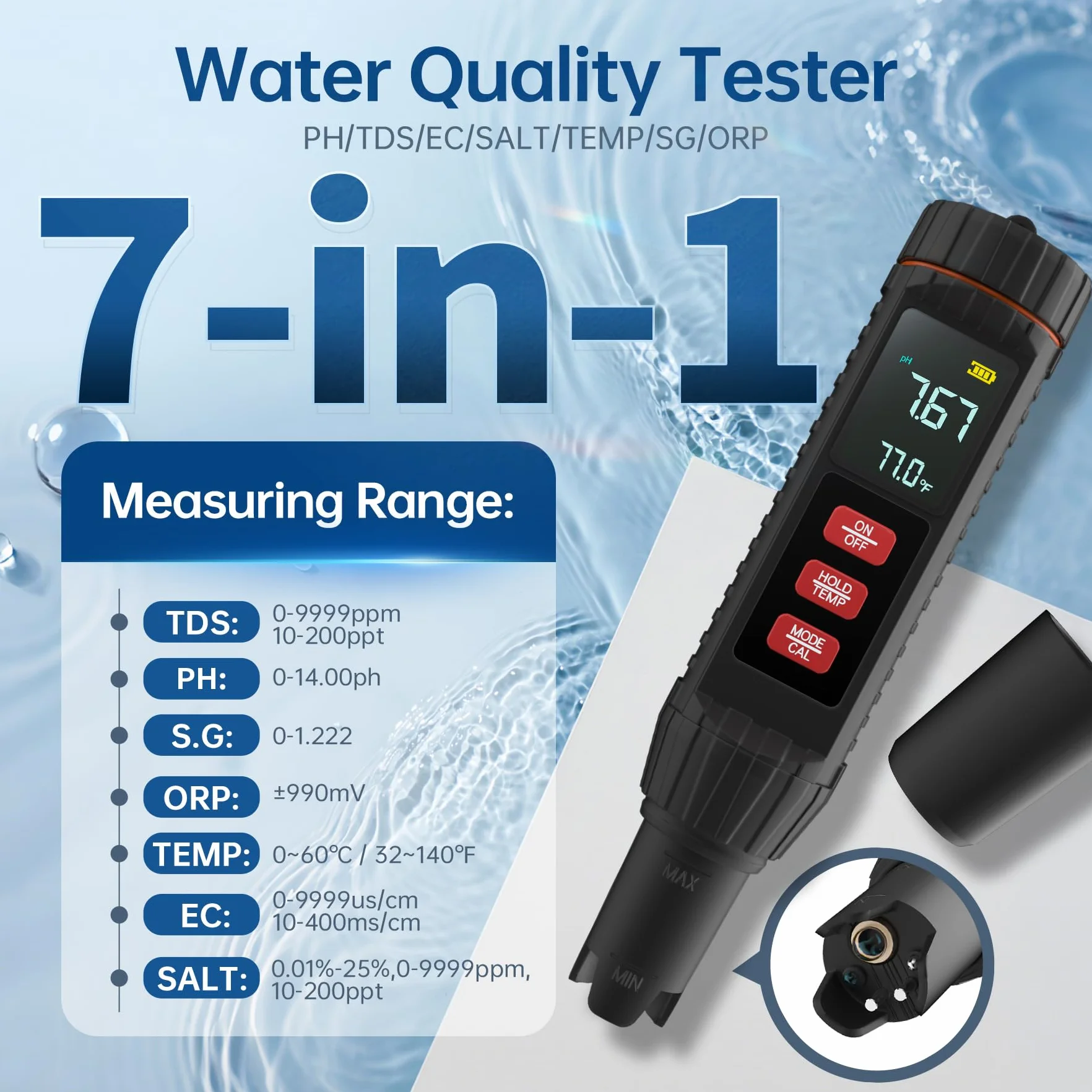 Forever Speed Medidor de pH Agua 7 en 1 pH Meter pH/TDS/EC/ORP/SALT/S.G./TEMP Alta Precisión para Piscina Acuario