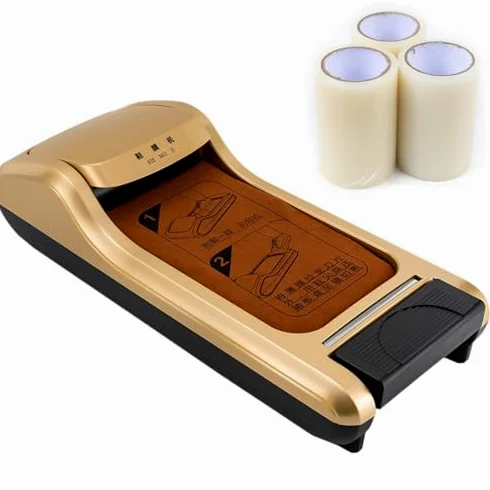 Dispensador automático de Fundas para Zapatos/Dispensador portátil de Film Protector para Calzado: para la protección de Suelos en hogares, oficinas, (Gold)
