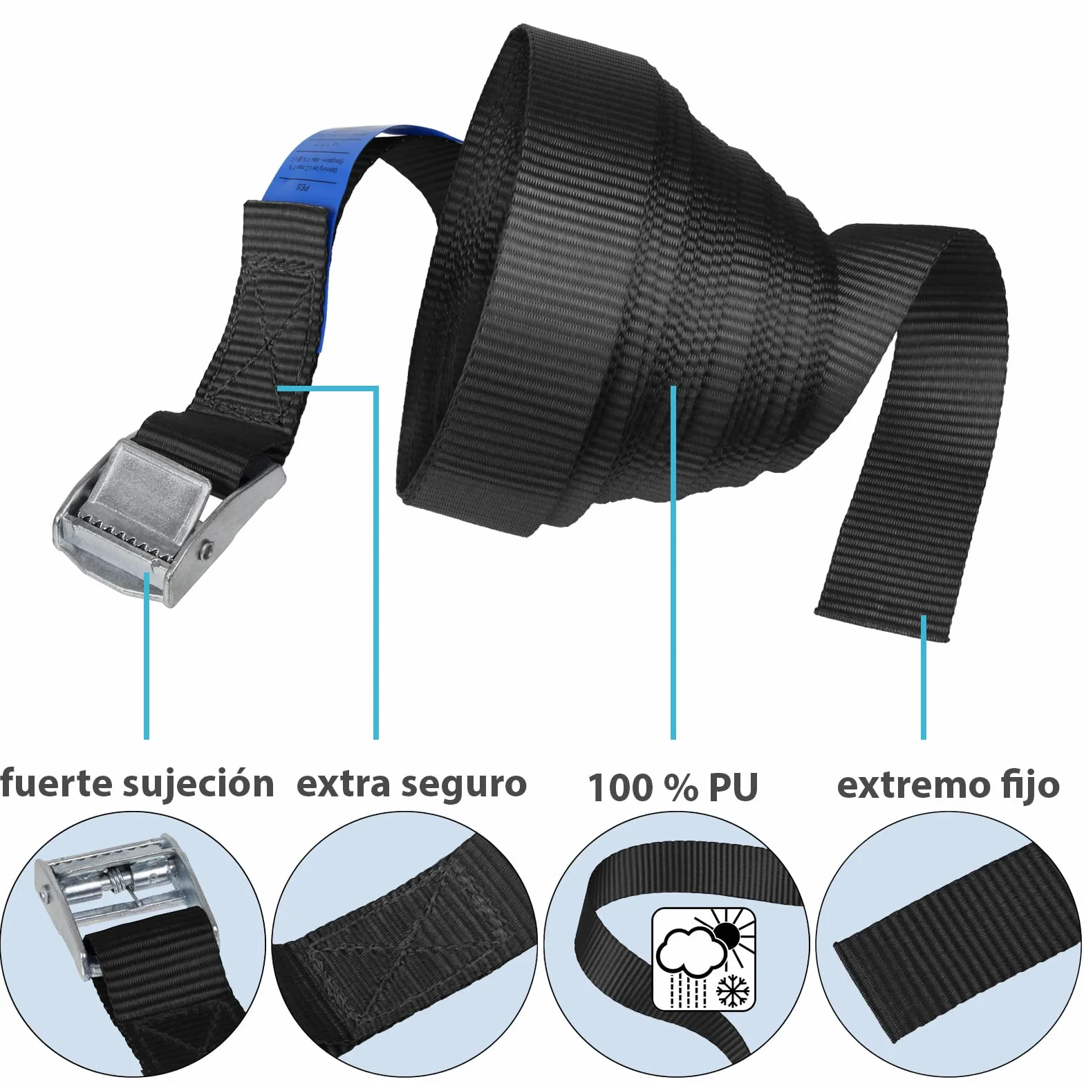 Correa de Amarre con Hebilla 250 kg DIN EN 12195-2, Negro, 10 Piezas 2.5 cm x 2.5 m