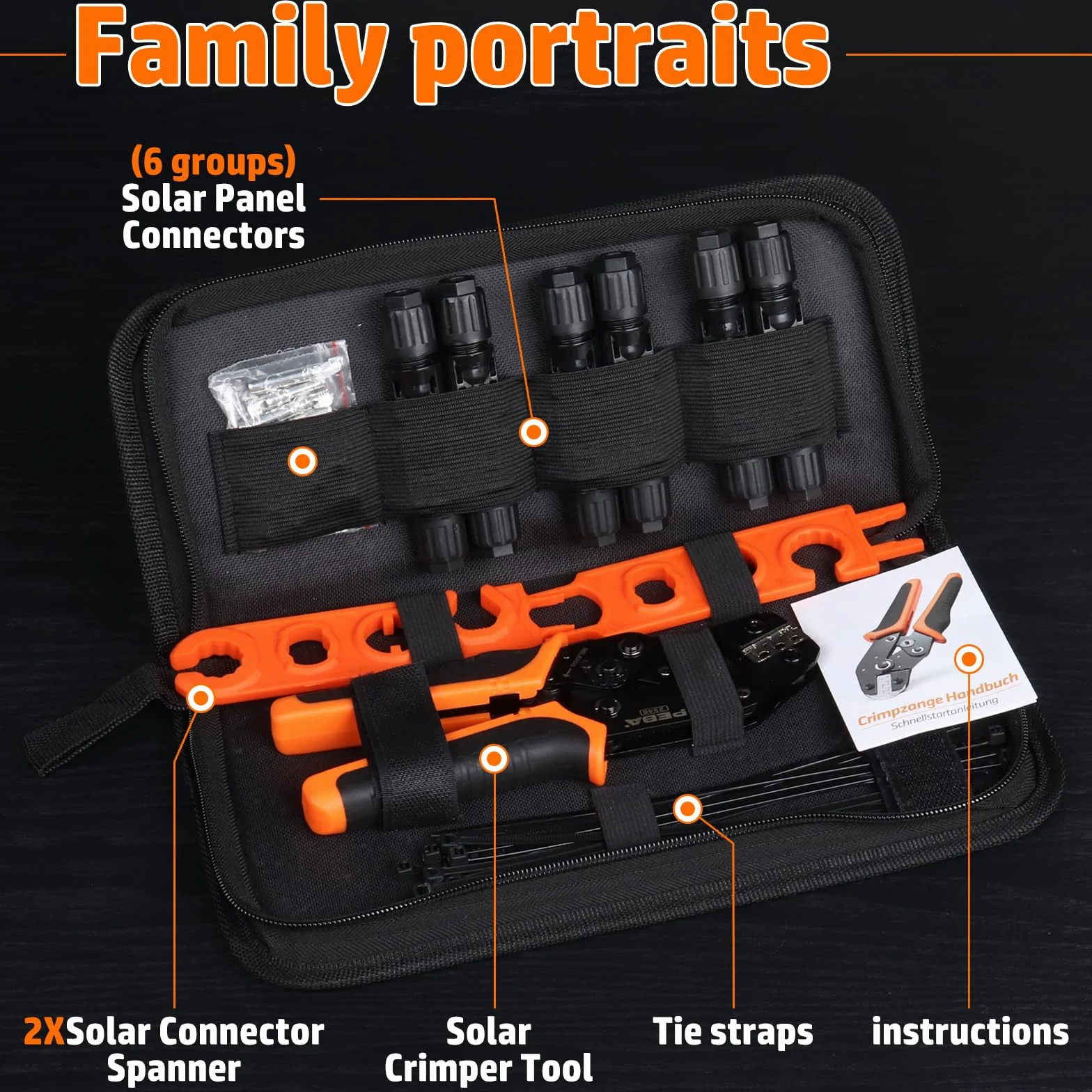 Kit de Montaje Solar PEBA con Crimpadora de Trinquete Ajustable, Juego de Herramientas para Energía Solar Compatible con MC4, para Cables Fotovoltaicos 2.5/4/6mm²