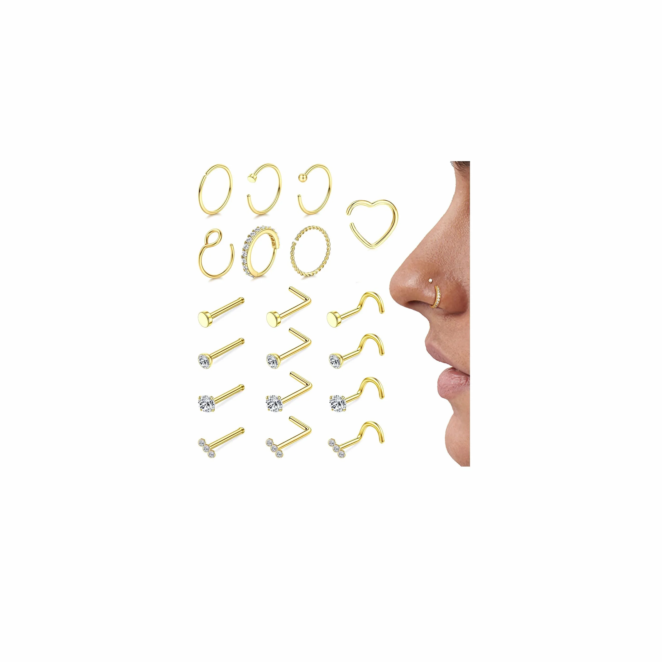 Morfetto 19 Piezas Piercing Nariz Acero Quirurgico Dorado Para Mujeres Hombres 18G/20G L-Hoja Septum Piercing Nariz Aro Tragus Helix Conch Nostril Accesorio​​ Plata/Oro