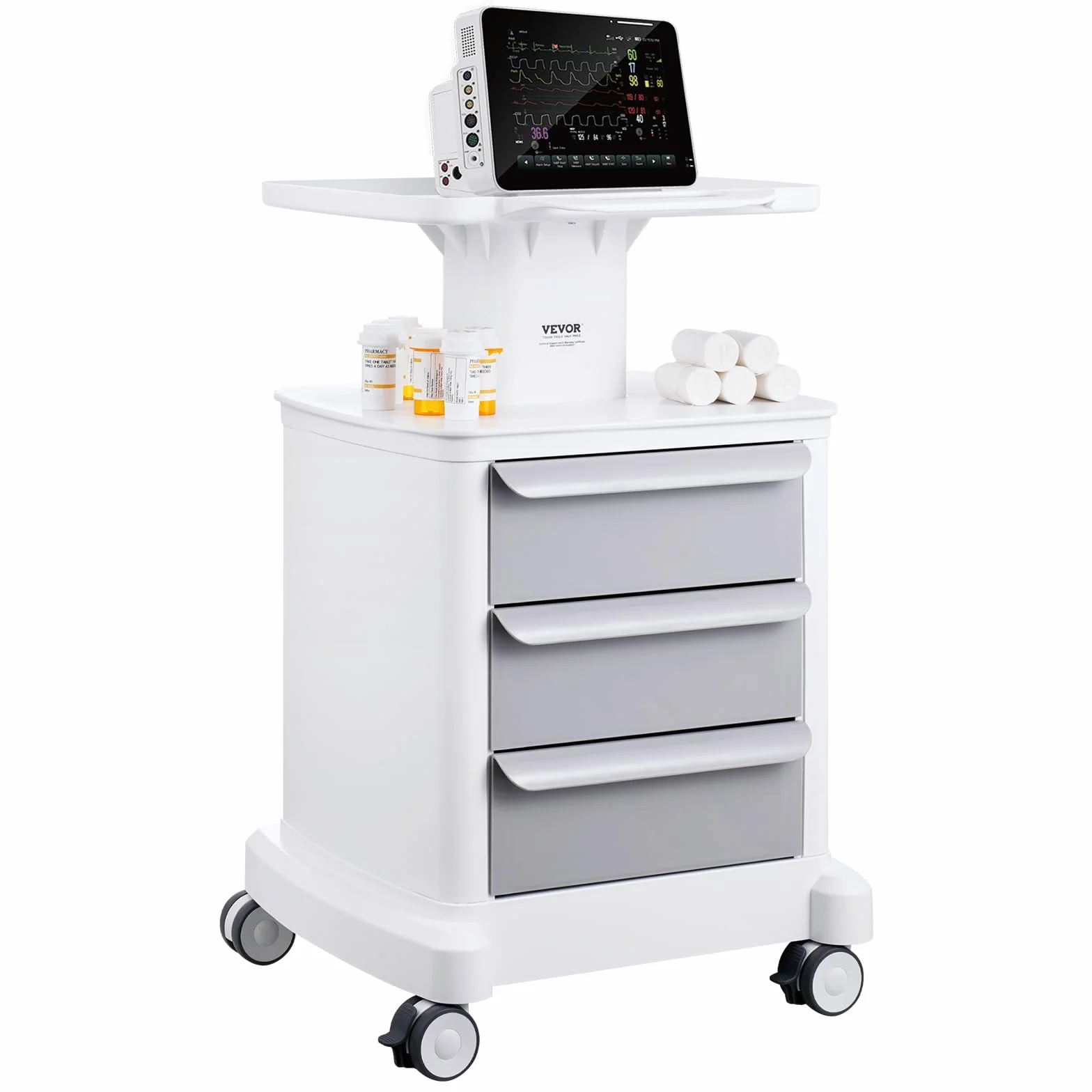 VEVOR Carro Médico 4 Niveles con 3 Cajones, Bandeja Superior, Ruedas Silenciosas, ABS, Blanco