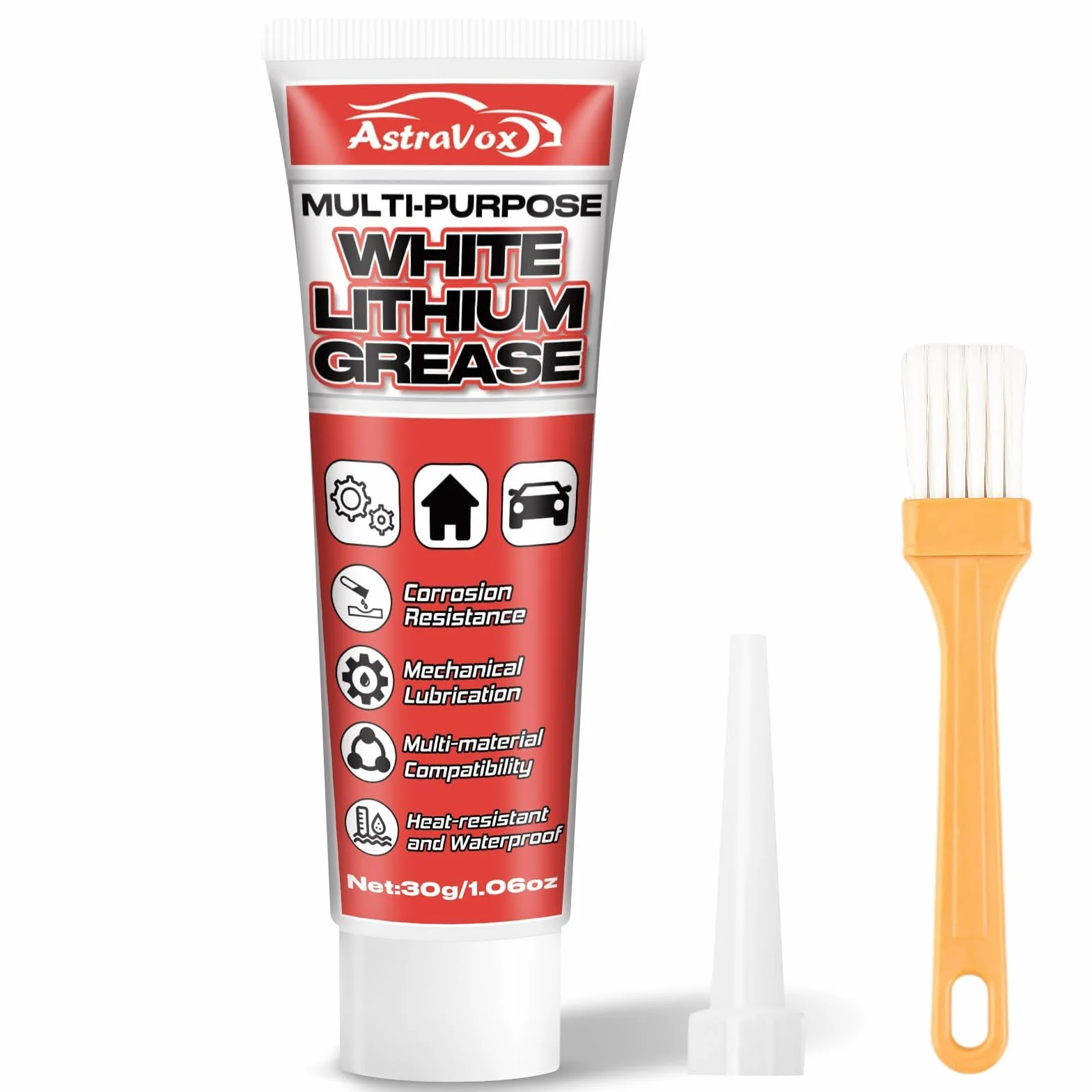 AstraVox Grasa de Litio Blanca 30g Lubricante Multiusos con Cepillo para Bisagras Rodamientos Engranajes