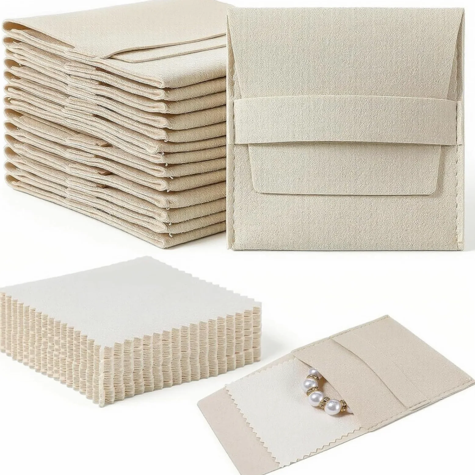 Juego de 120 bolsas de microfibra para joyas, 8 x 8 cm, color beige con cinta de fijación, suave y lujosa, estuche para anillos, pendientes, collares, elegante bolsa de regalo, bolsa de