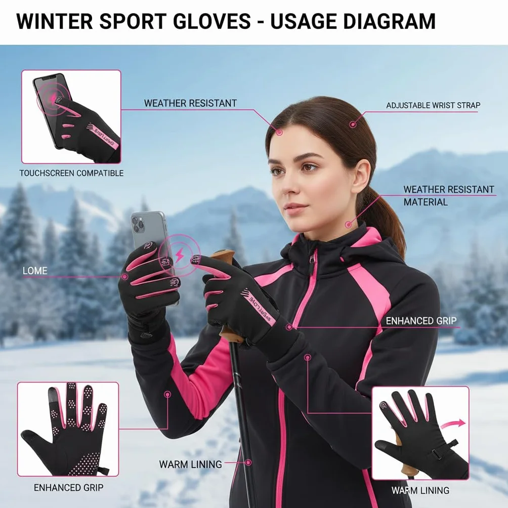 Guantes deportivos de invierno impermeables térmicos pantalla táctil antideslizantes poliéster acrílico para esquí ciclismo