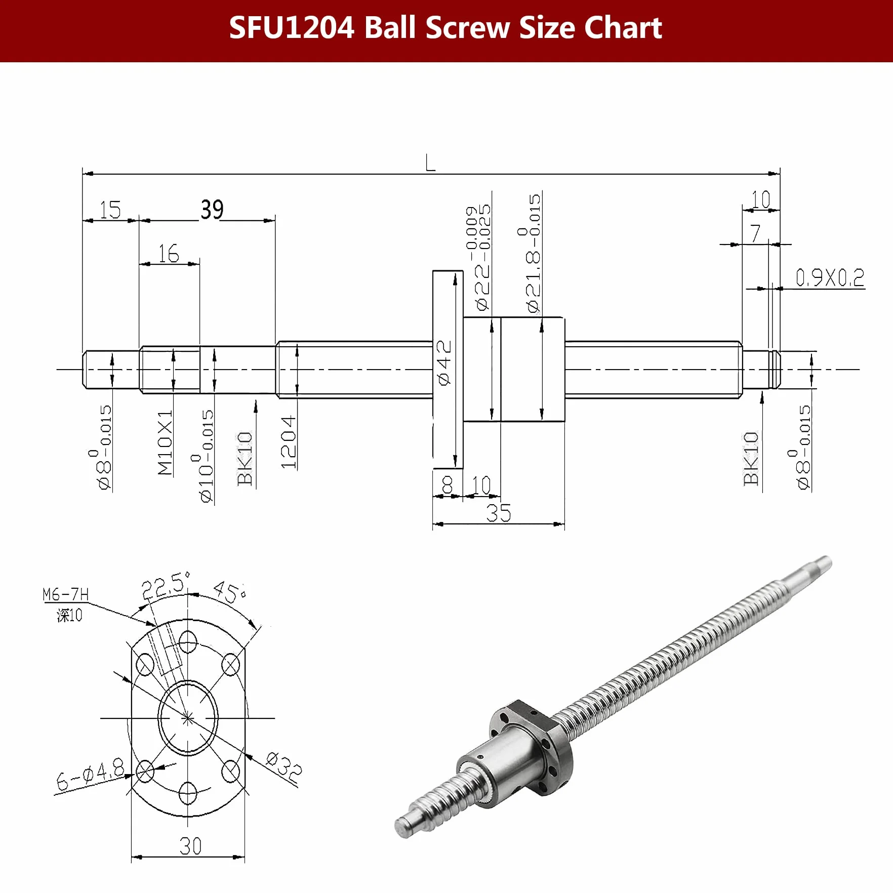 CNCMANS SFU1204 Juego de husillo de bolas de 250 mm 12 mm acero inoxidable con soporte BK10/BF10