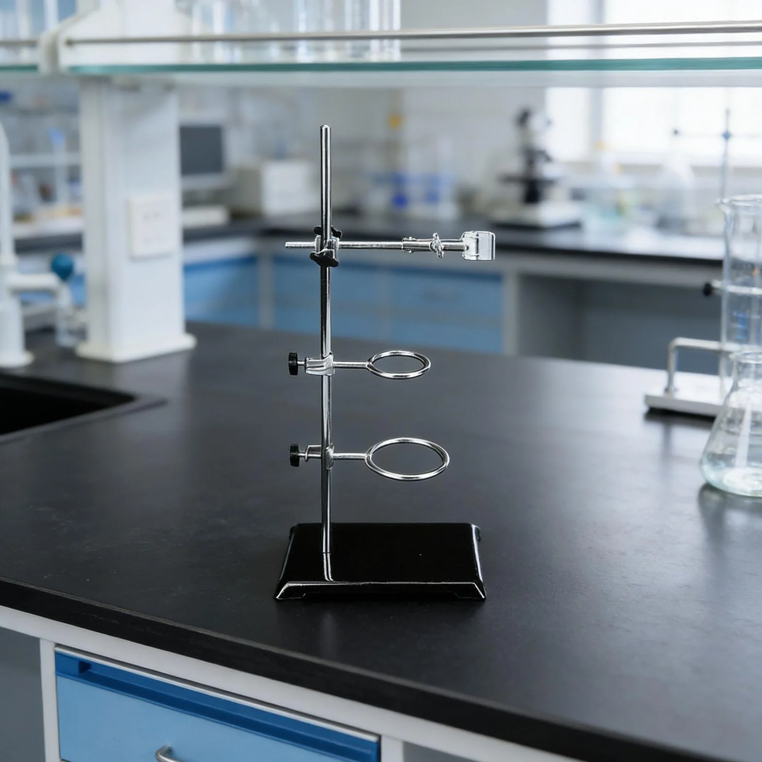 Soporte de laboratorio 35 cm para experimentos de química con superficie inoxidable y abrazaderas de apriete