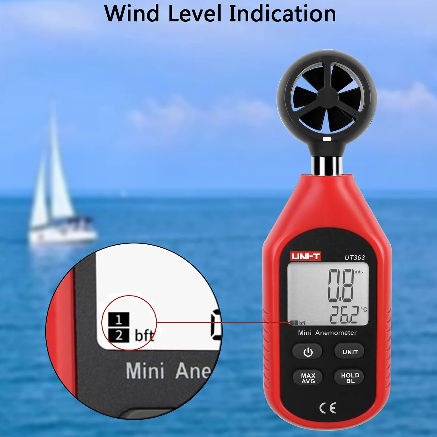 UNI-T UT363 Anemómetro Digital Portátil Pantalla LCD Medidor Velocidad Viento Aire