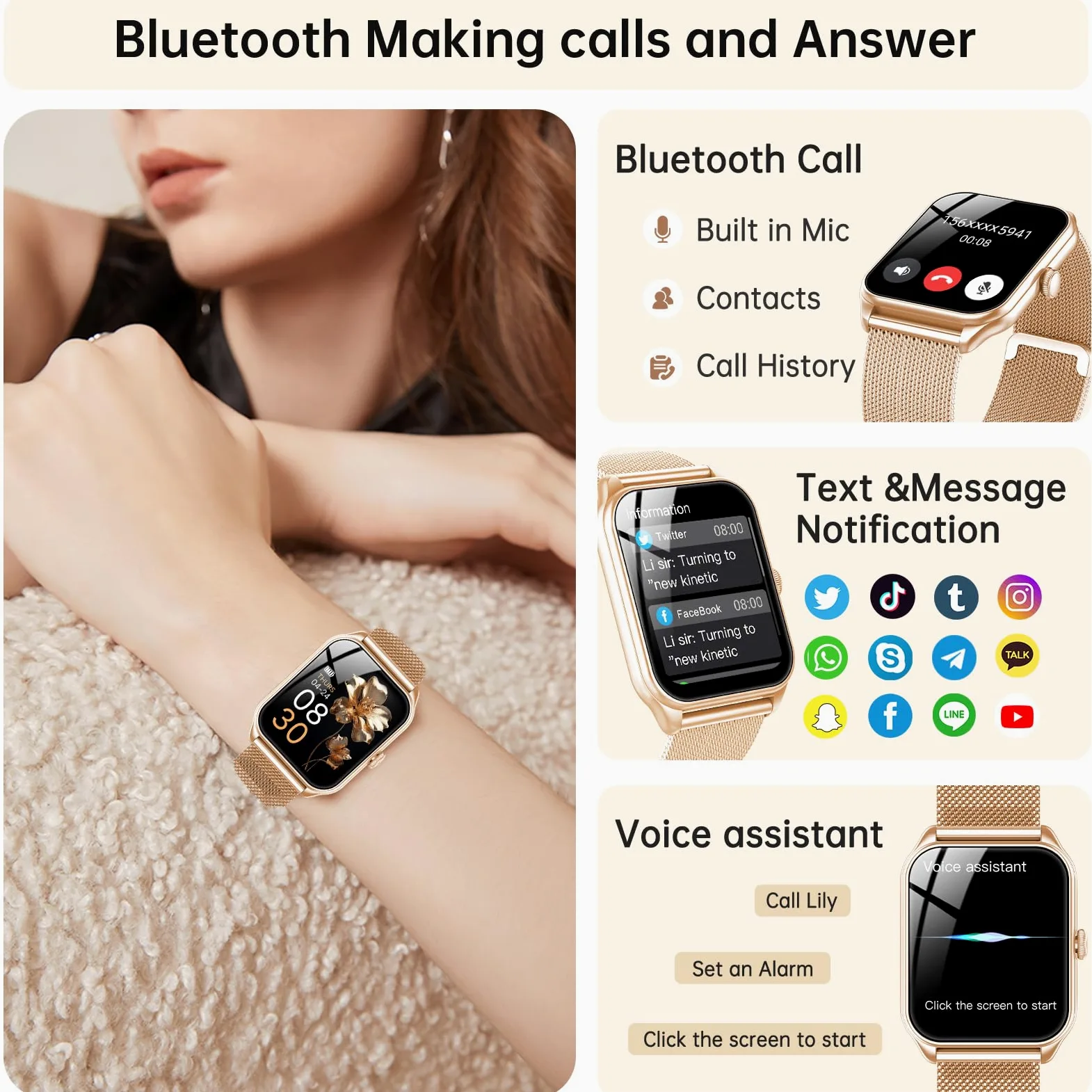 Reloj Inteligente Mujer, 1.91" Smartwatch Mujer Pulgadas con Llamadas, IP68 Impermeable, 120+ Modos Deportivos con HD Pantalla Táctil, Podómetro, Monitor de Sueño, para Android iOS