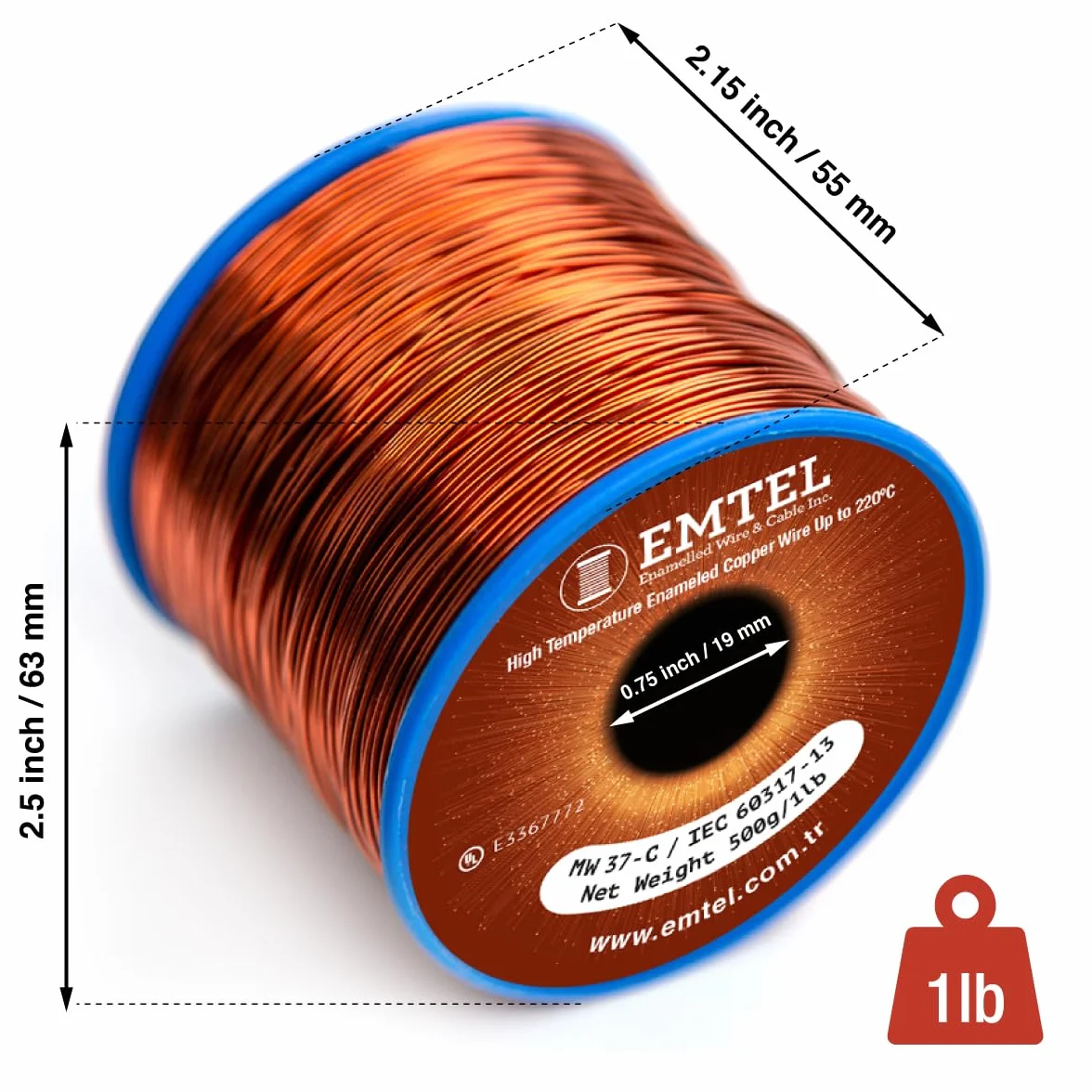Emtel Alambre de cobre esmaltado 1.15 mm 500 gr 53 m 220°C