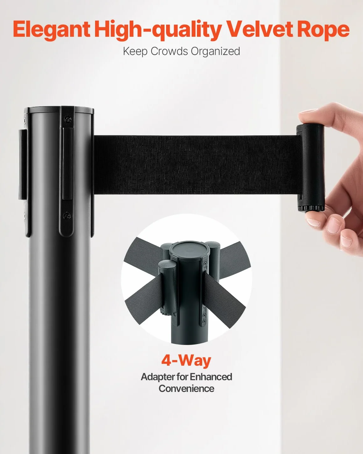VEVOR 6 PCS Poste de Estaca de Acero al Carbono 2 m con Base Hueca de Inyección de Arena y Cinturones Retráctiles Negros, Barreras de Control de Multitudes