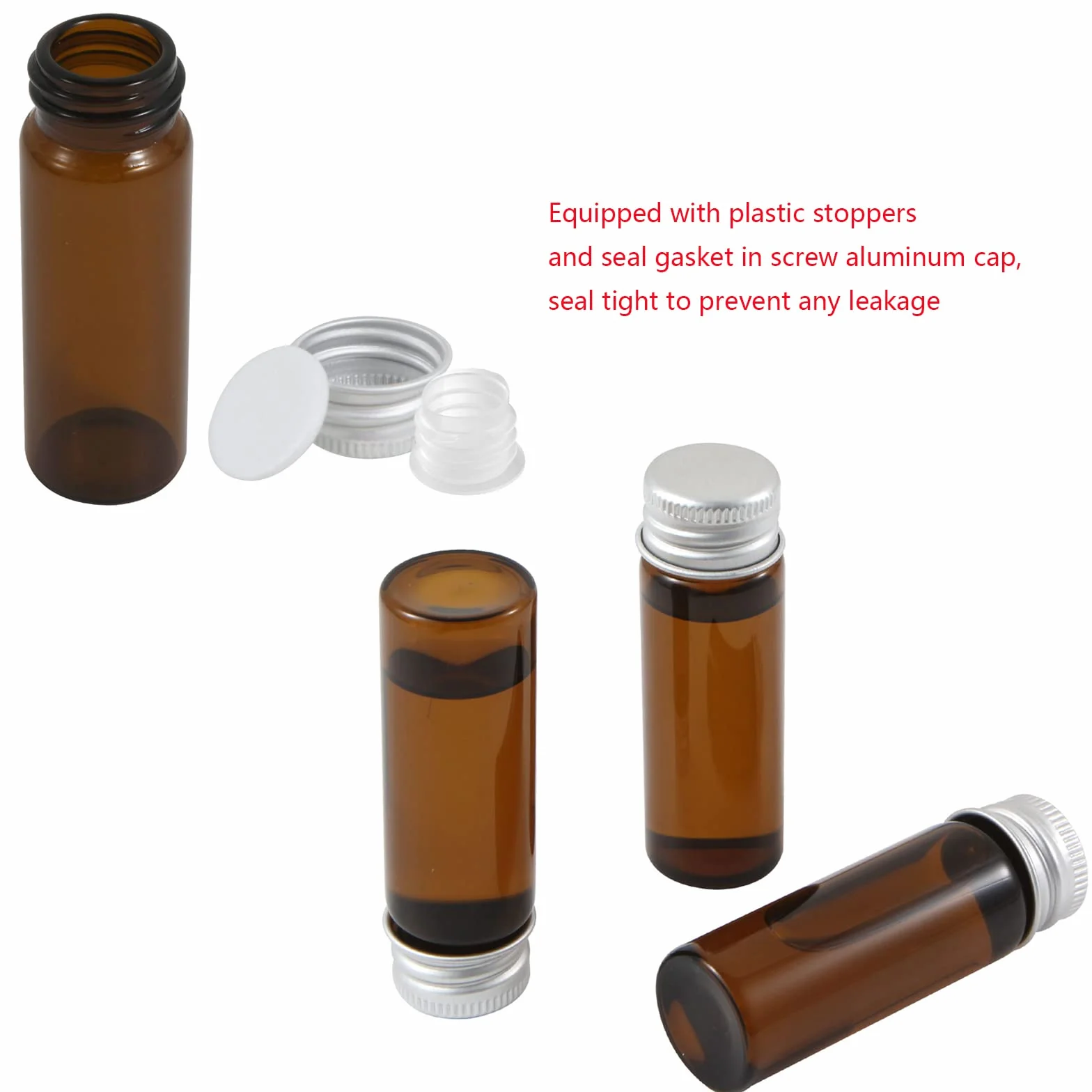 Ámbar Viales de Vidrio 15 ml con Tapones de Rosca y Tapas Interiores de Plástico, Vial de Muestra de Líquido Marrón Pequeño, 50 Unidades