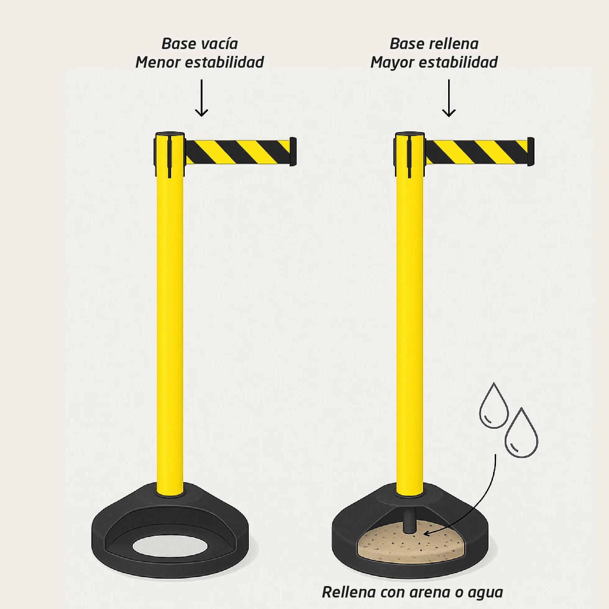 Postes Separadores con Cinta Extensible Amarillo 91cm Acero Resistente 4 Vías de Conexión