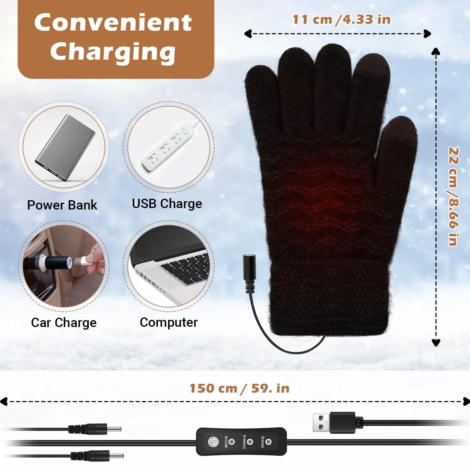 Coikes Guantes Calefactables USB para Hombres y Mujeres Guantes para Pantallas Táctiles Invierno 3 Temperatura Guantes Trabajo Frio Lavable Guantes Invierno para Esquí Senderismo Regalo