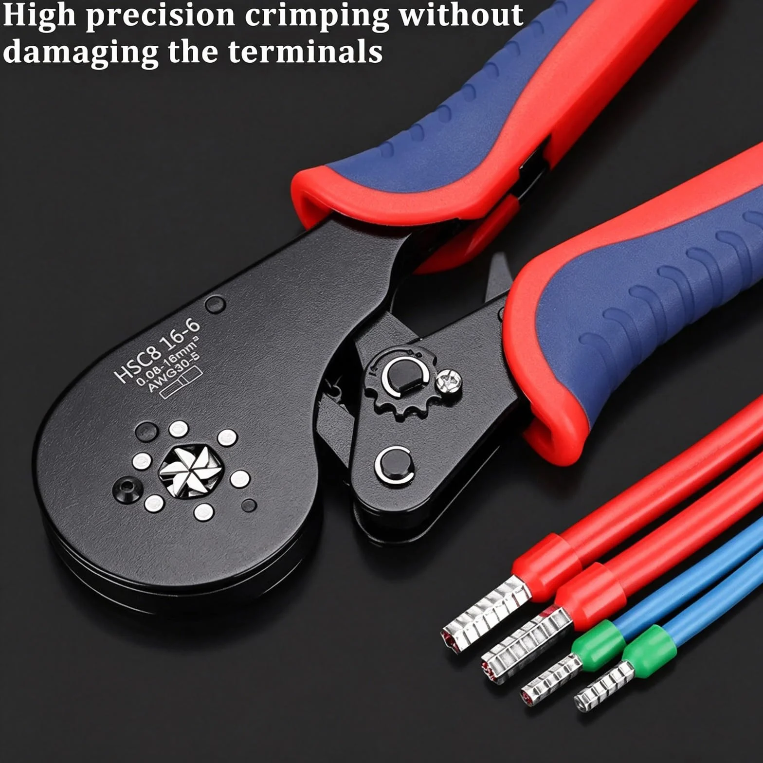ZONJIE Alicates de crimpado 0,08-16 mm² 30-5 AWG herramienta para terminales de alambre aislados trinquete mandíbulas cuadriláteras