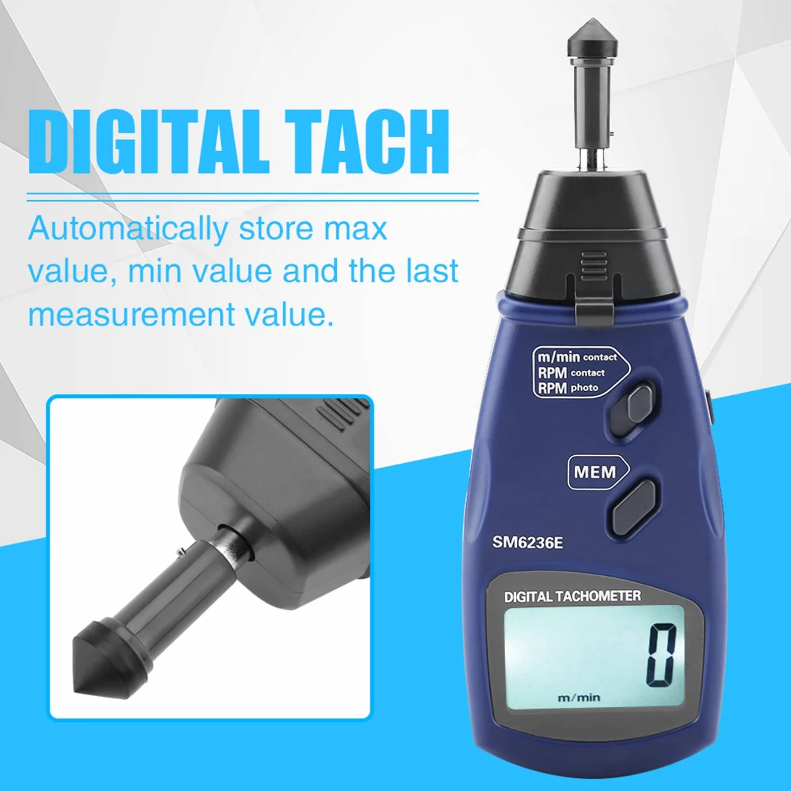 Tacómetro Profesional de Contacto Láser sin Contacto 2.5-99,999 RPM 5 Dígitos 18 Mm LCD Digital Medidor de Rotación Probador