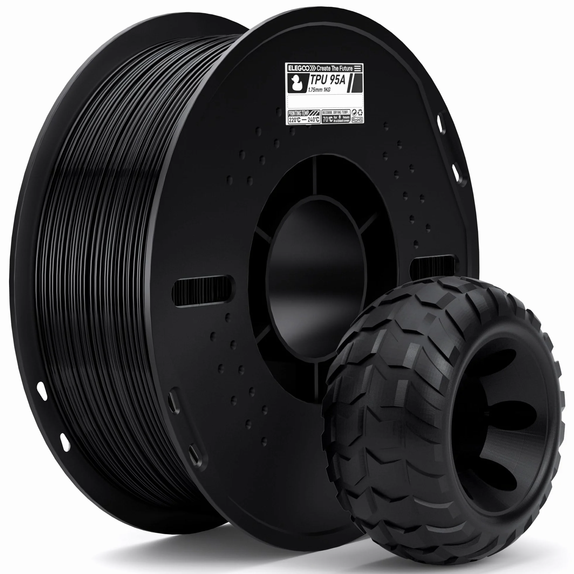 ELEGOO Filamento TPU 95A 1.75mm 1KG Negro, Filamento Flexible Suave para Impresoras 3D