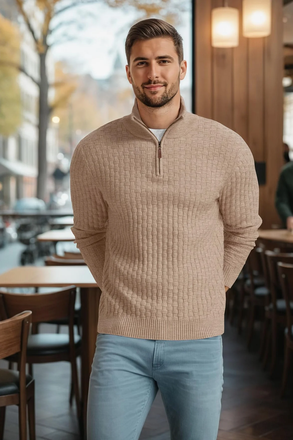 QIXING Jersey de punto para hombre, cuello medio, grueso, informal, con cremallera 1/4