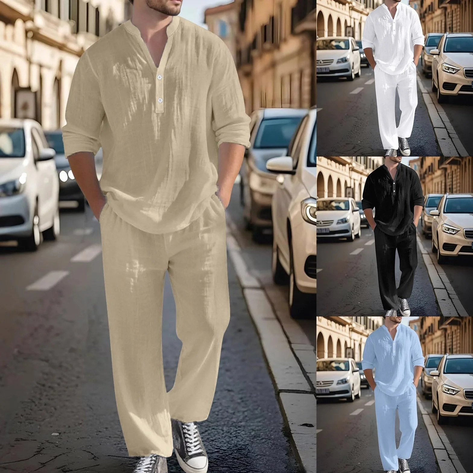 Camisa de lino para hombre, cuello en V, manga larga, pantalones casuales de otoño