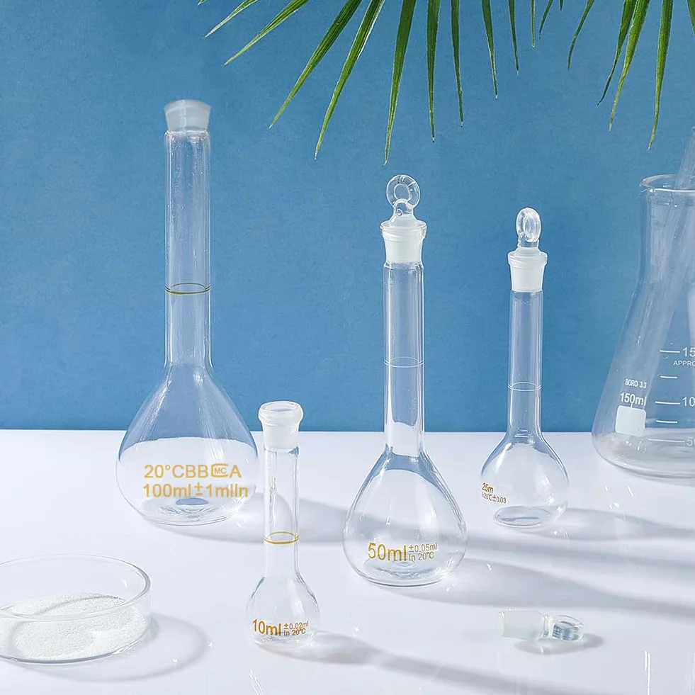 OLYCRAFT Lote de 4 frascos aforados 10 ml 25 ml 50 ml 100 ml con tapón de cristal vidrio laboratorio