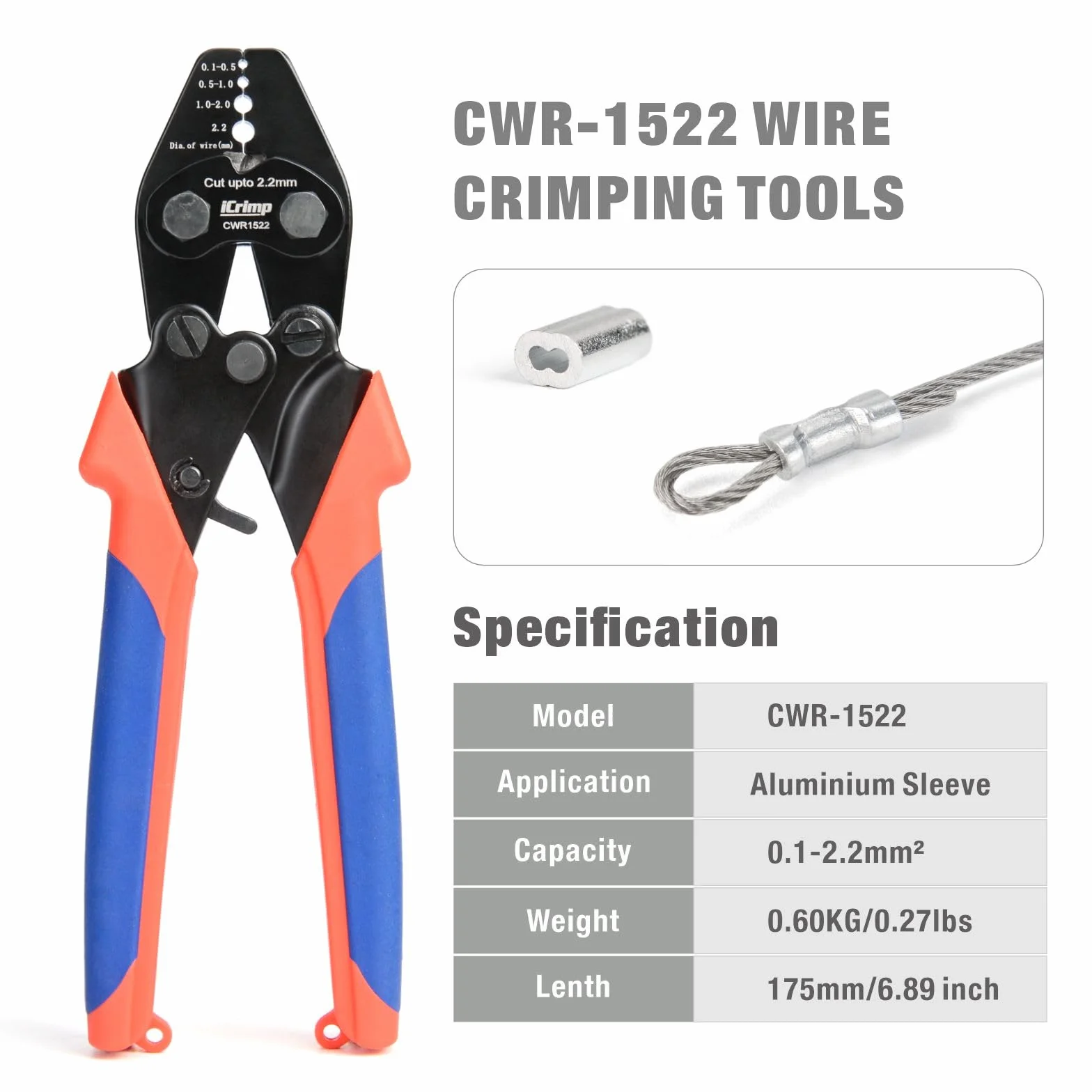 iCrimp CWR1522 Juego de crimpadora de cable 0,1-2,2 mm con función de corte y 250 manguitos de aluminio