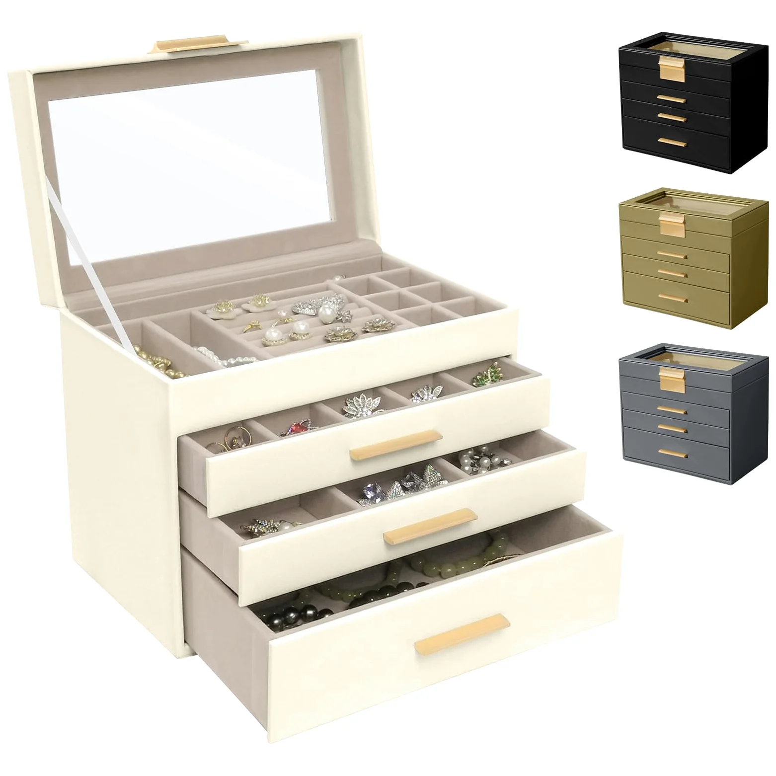 Caja Joyero Mujer de 4 Niveles, Joyeros Organizador Joyas Cuero PU | 3 Cajones, Gran Capacidad, Joyería Joyero para Mujeres y Niñas para Pendientes, Cadenas, Pulseras - Beige
