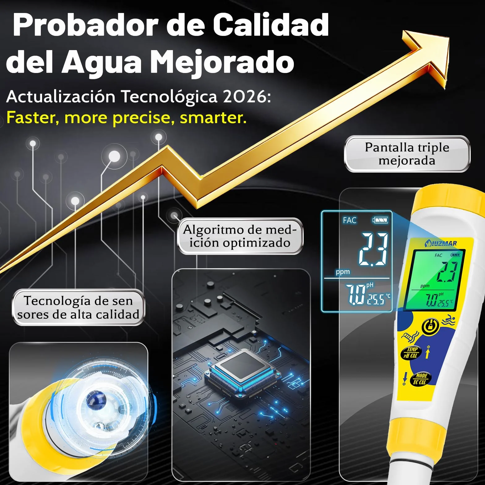 Medidor pH Cloro para Piscinas, Medidor Sal pH Agua Salada 7 en 1 con Temperatura y Salinidad