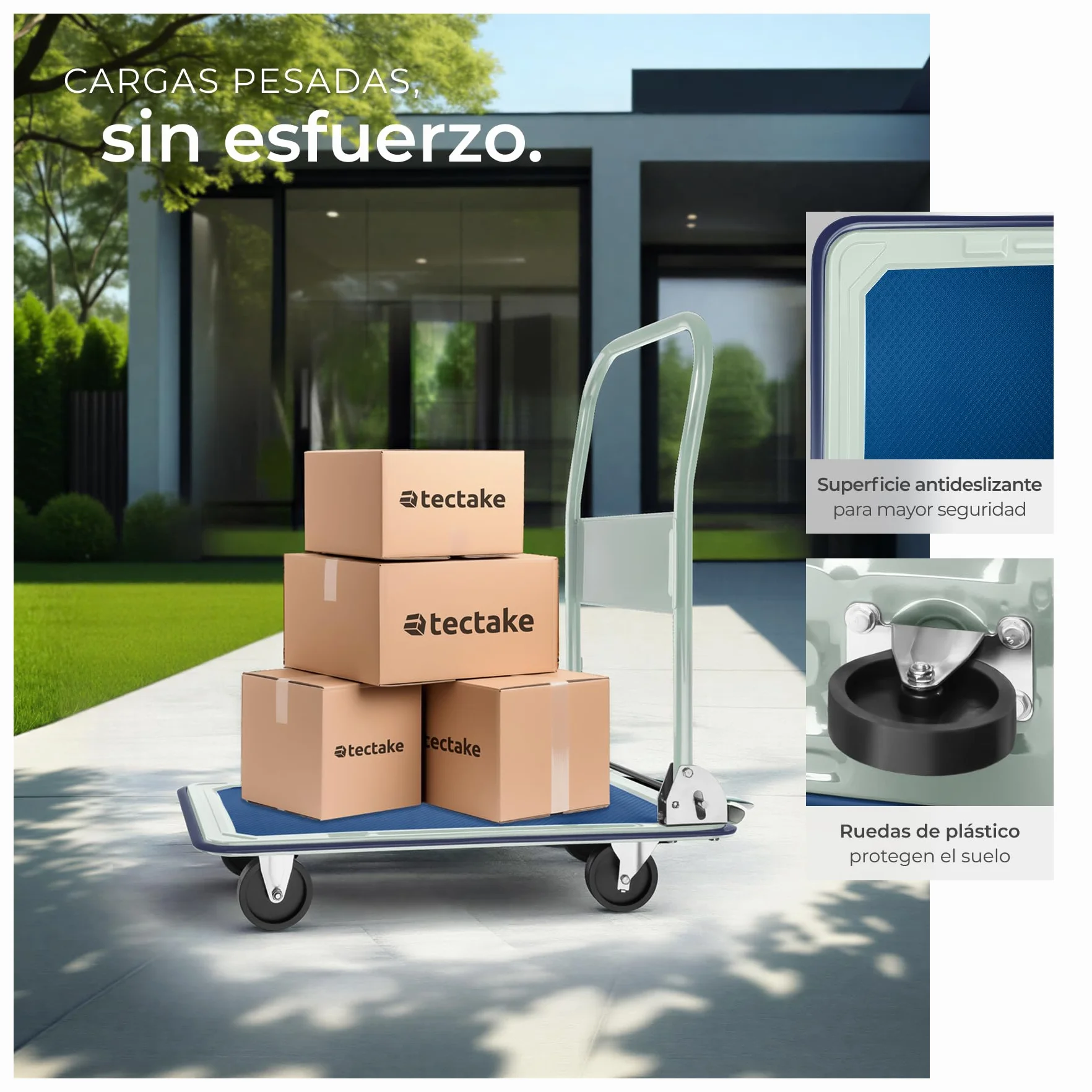 Tectake Carretilla Plegable de Mano 150 Kilos, Carro Transporte con 2 Ruedas Fijas y 2 Giratorias, 73x47x83 cm