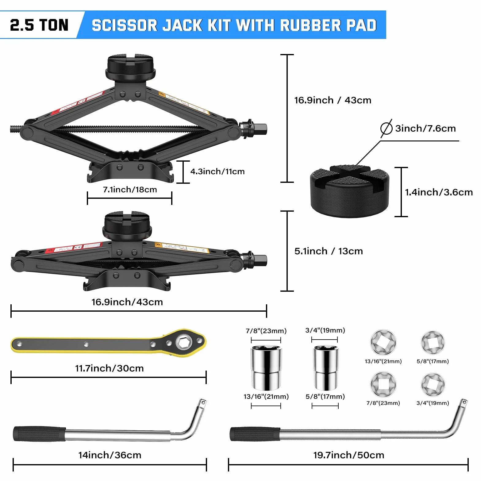 IMAYCC Jack de Coche 2,5 T/2500 kg Universal Almohadilla de Goma Carro portátil con Llave de Freno de Rueda Kit de Emergencia SUV MPV