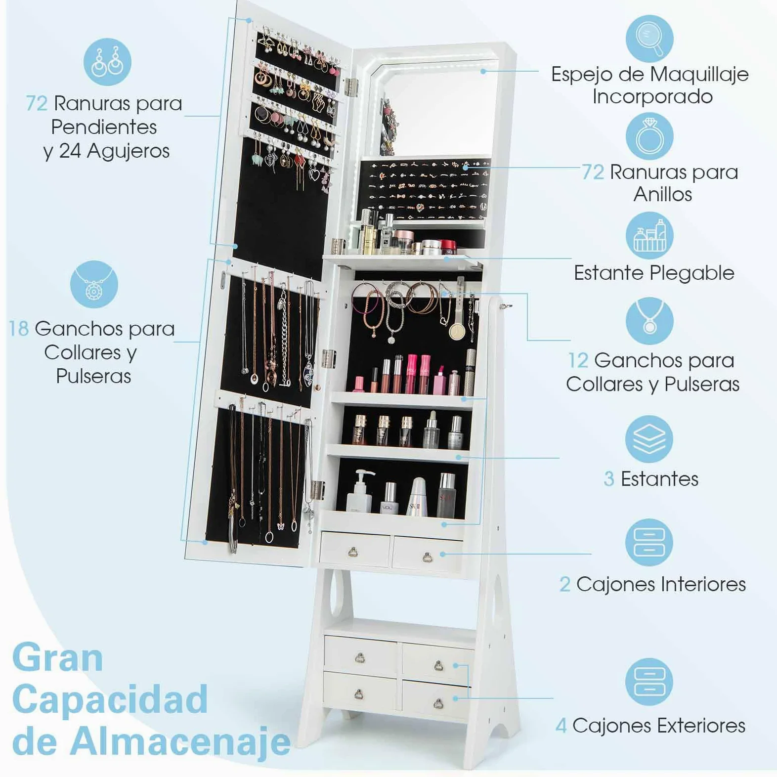 COSTWAY Armario para Joyas con Espejo, Espejo joyero con Luces LED, Estante de Maquillaje, Ángulos de Inclinación Ajustables y Gran Capacidad de Almacenamiento, Armario Joyero (Blanco)