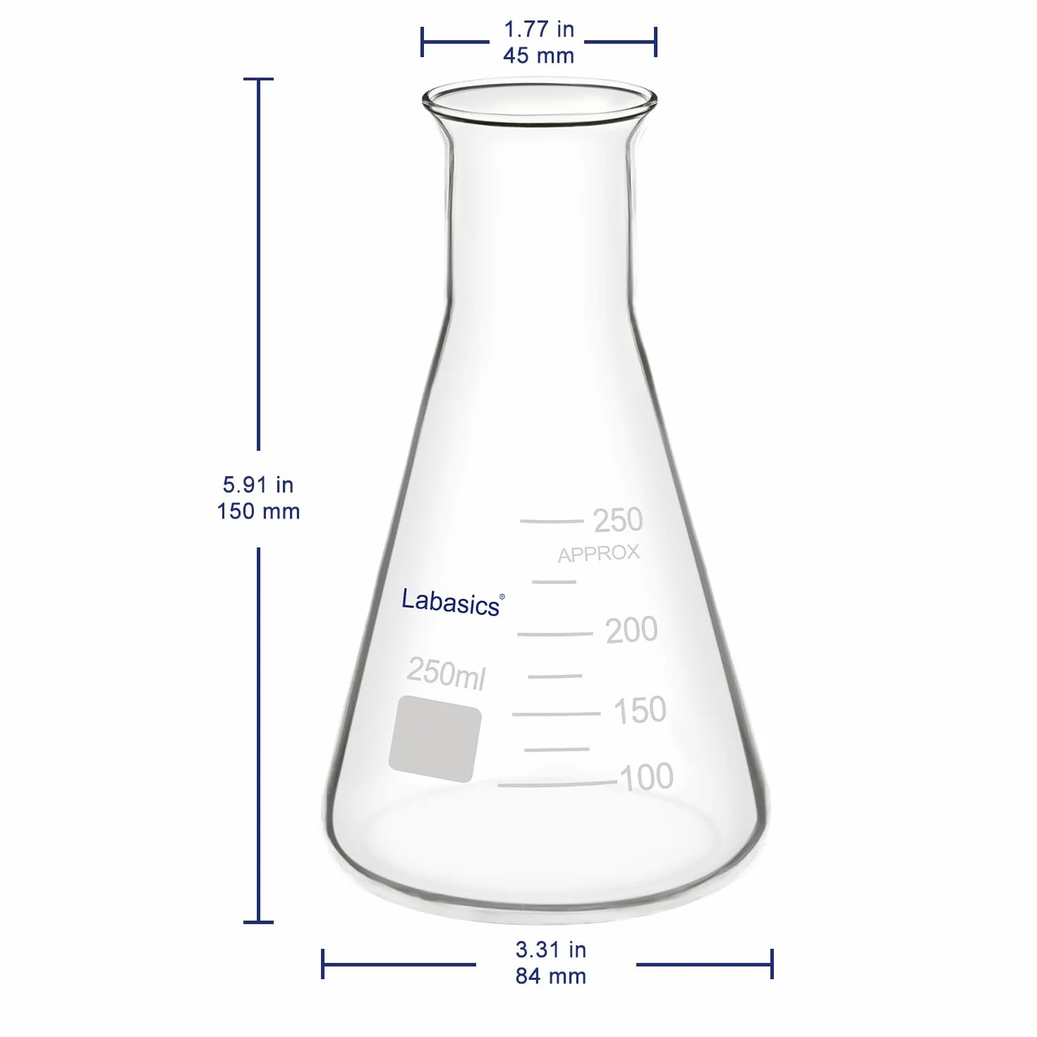 Labasics Vidrio Boca Ancha Erlenmeyer Matraz, Borosilicato, 250 ml