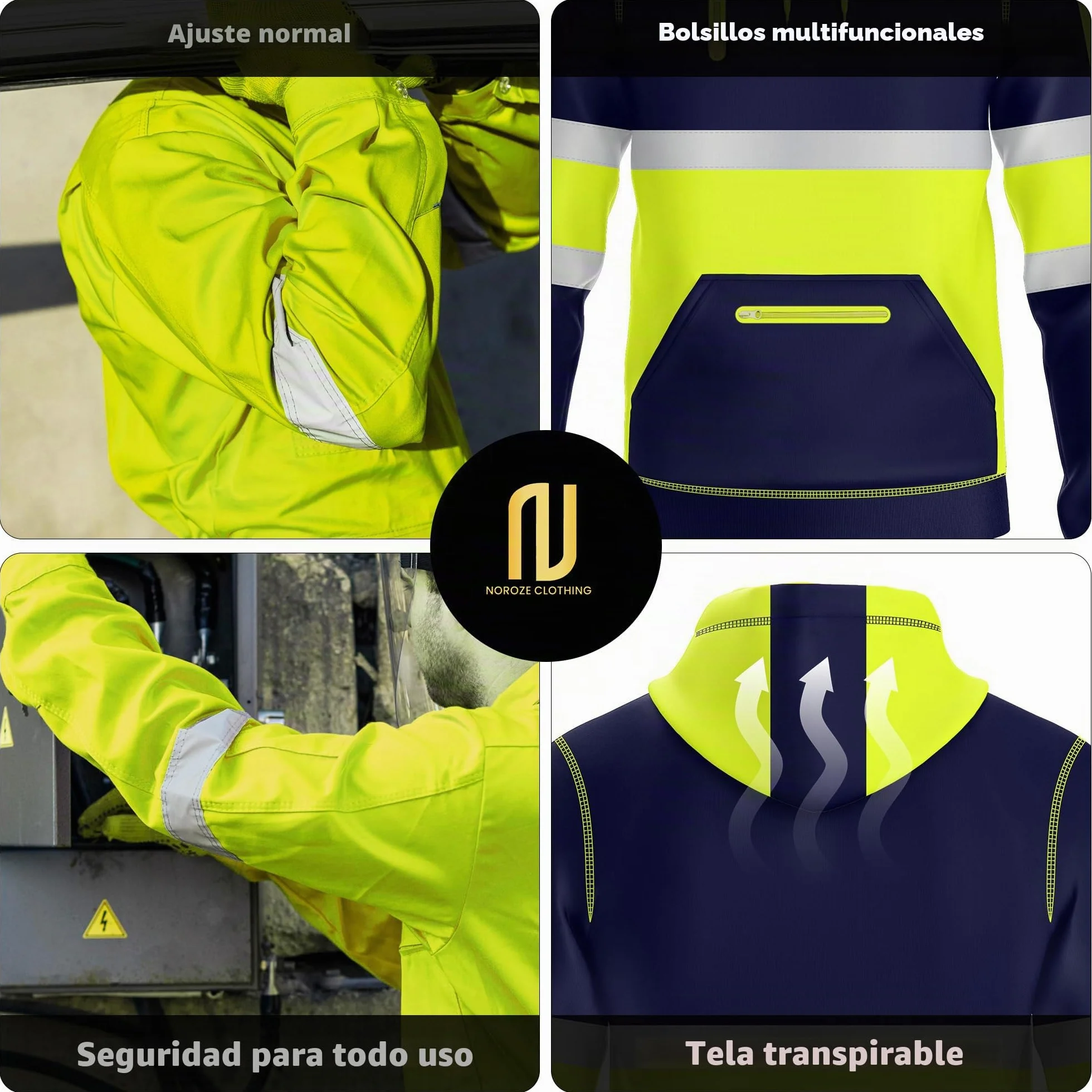 NOROZE Hombres Sudadera Alta Visibilidad Cinta Reflectante Abrigo Seguridad 4 Bolsillos Cremallera