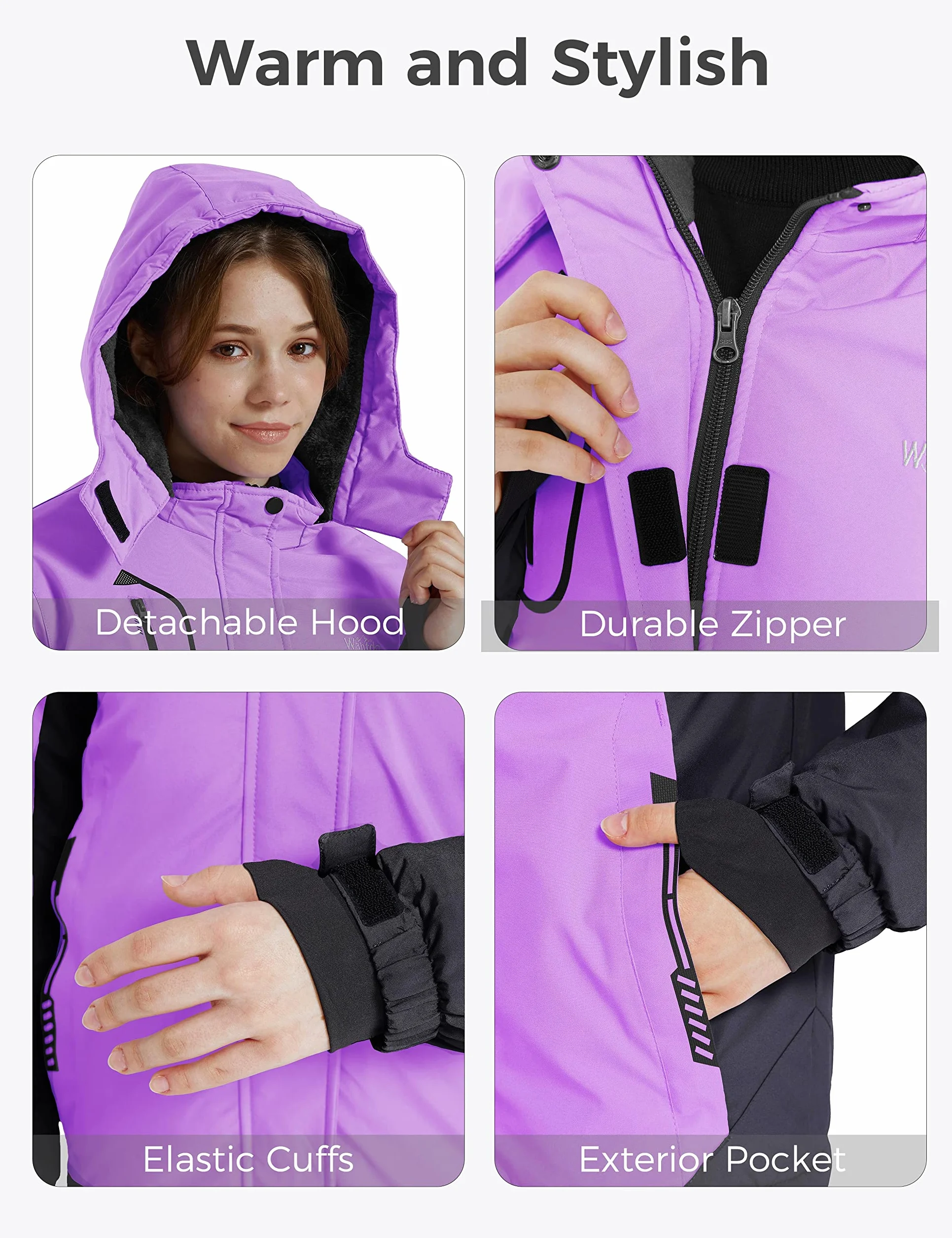 Wantdo Chaquetas de Esquí Impermeable Montaña Abrigo Snowboard para Exteriores Parka de Nieve con Capucha Chaqueta Aislada con Vellón Cálida Invierno para Niñas