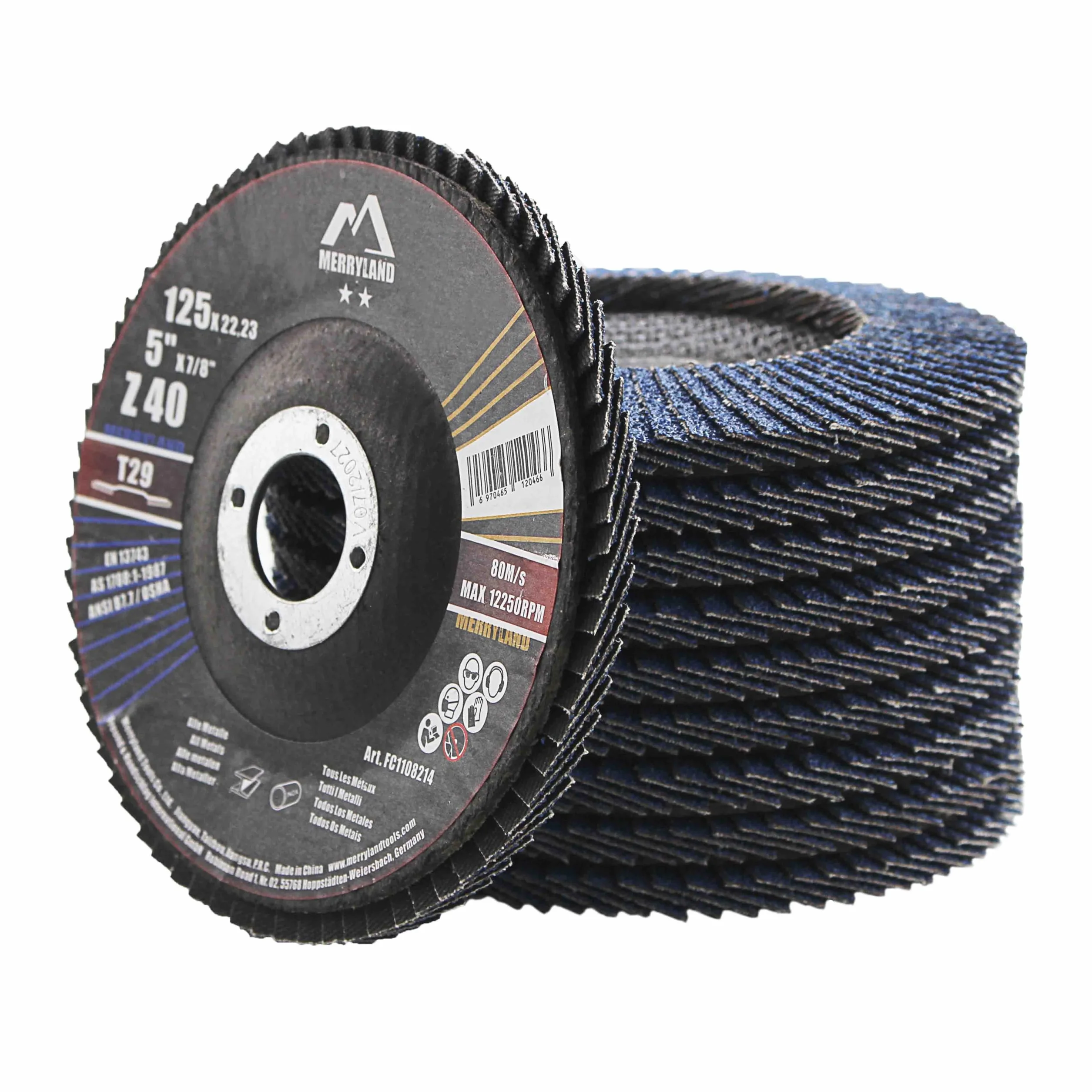 Merryland Disco de Láminas Lijadoras 125mm Grano 40 T29 10 Piezas Corindón De Circonio Azul Acero INOX Hierro