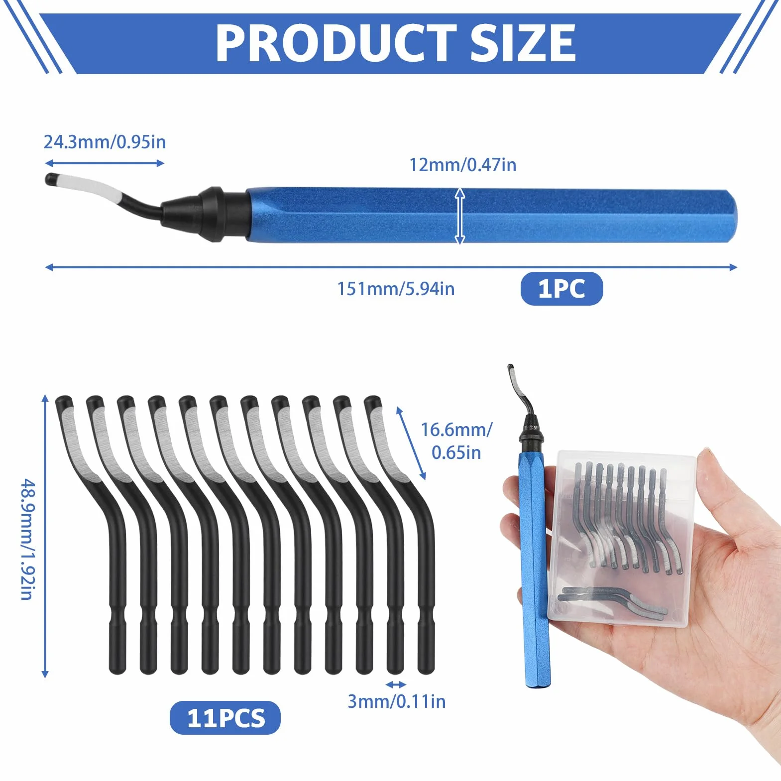 Desbarbador Metal Universal con 11 Piezas Cuchillas HSS, Rotación 360°, para 3D, Plástico, Aluminio, Acero Inoxidable