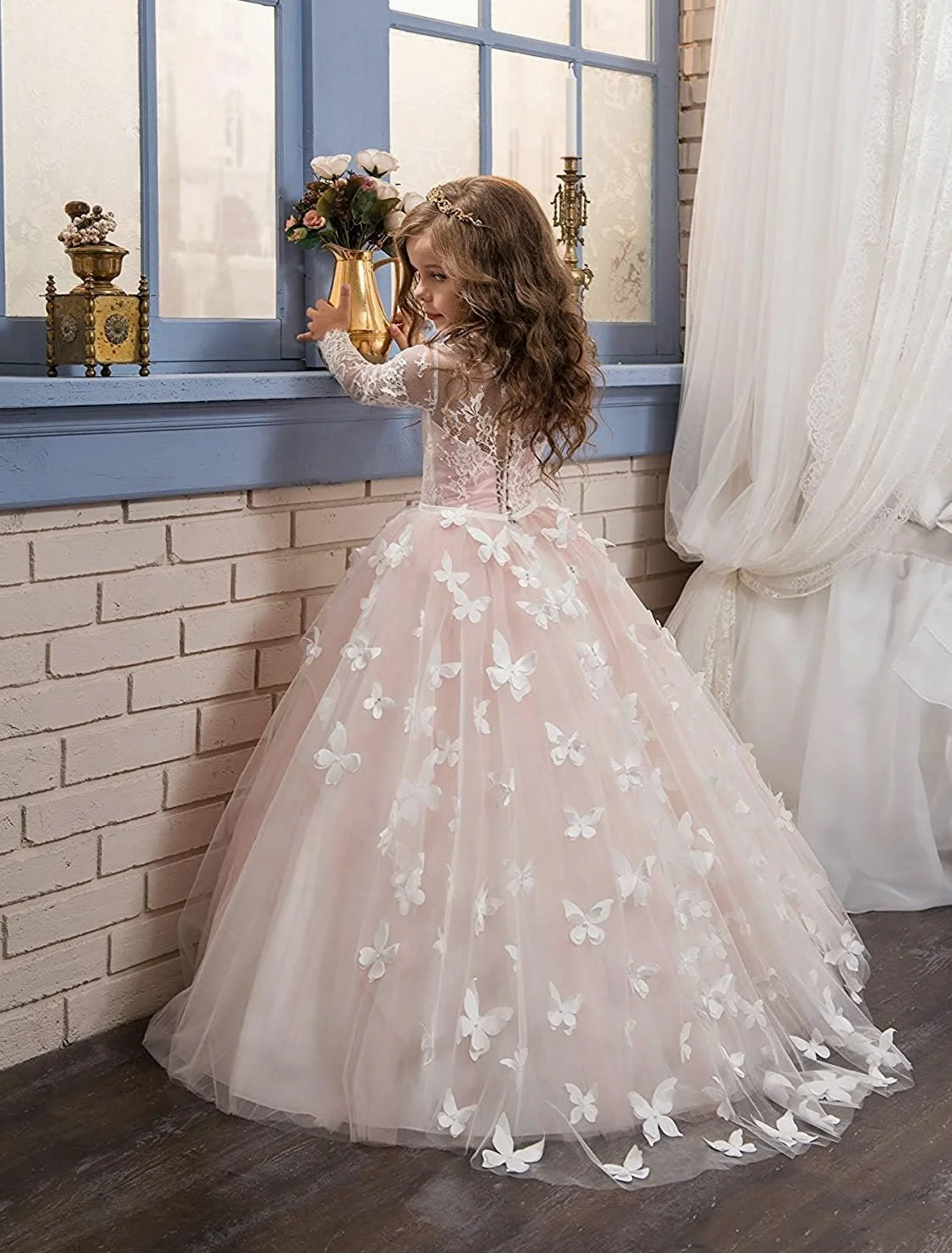 Lindo Vestido de niña de Flores de Encaje de Manga Larga Vestido de Fiesta de Primera comunión Vestido de Mariposa