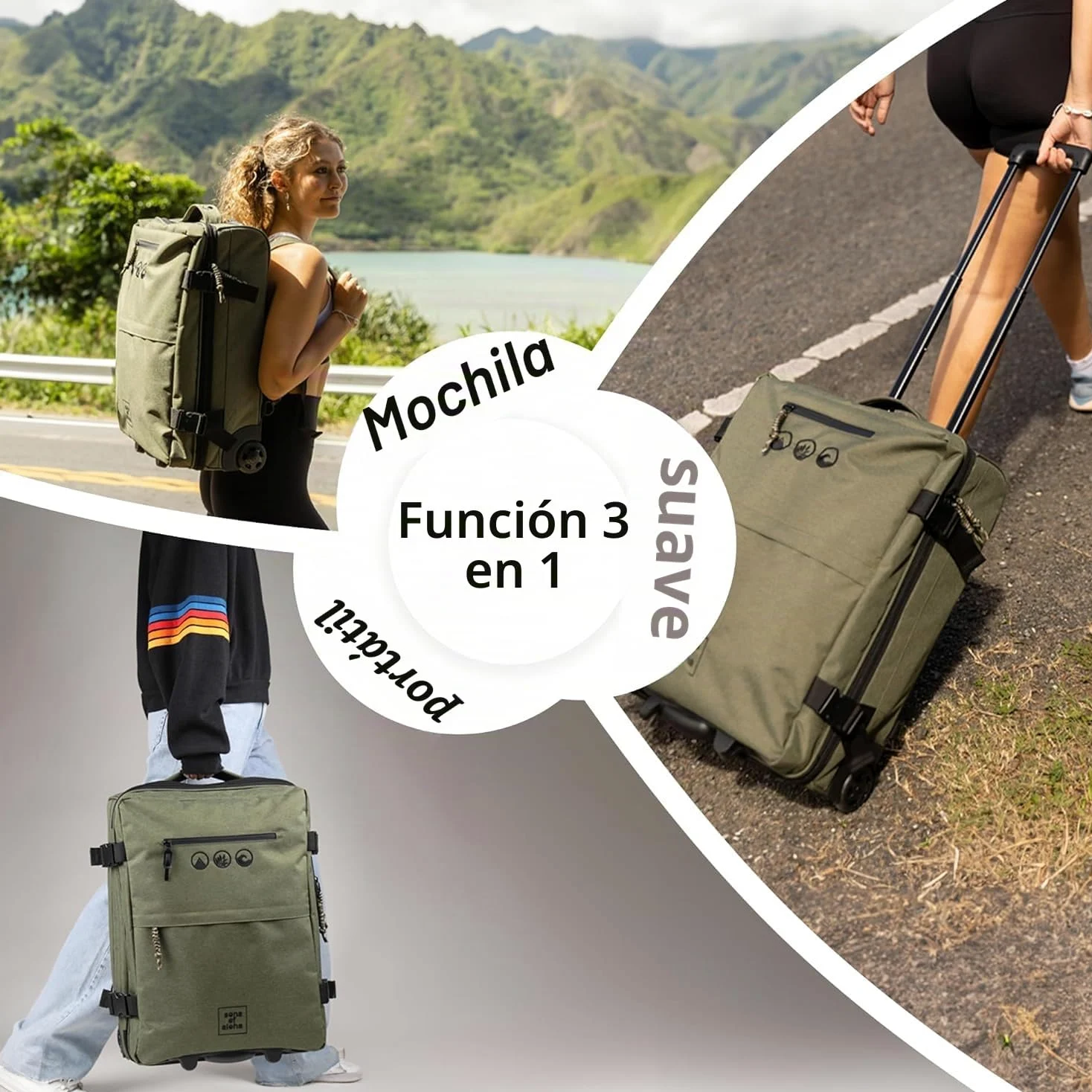 Mochila para mochileros con ruedas 3 en 1 – Maleta de mano Kane Hybrid Backpack-Boardgepäck con ruedas, 55 x 40 x 20 cm - impermeable reciclado PET, verde oliva, small, Carrito para tabla