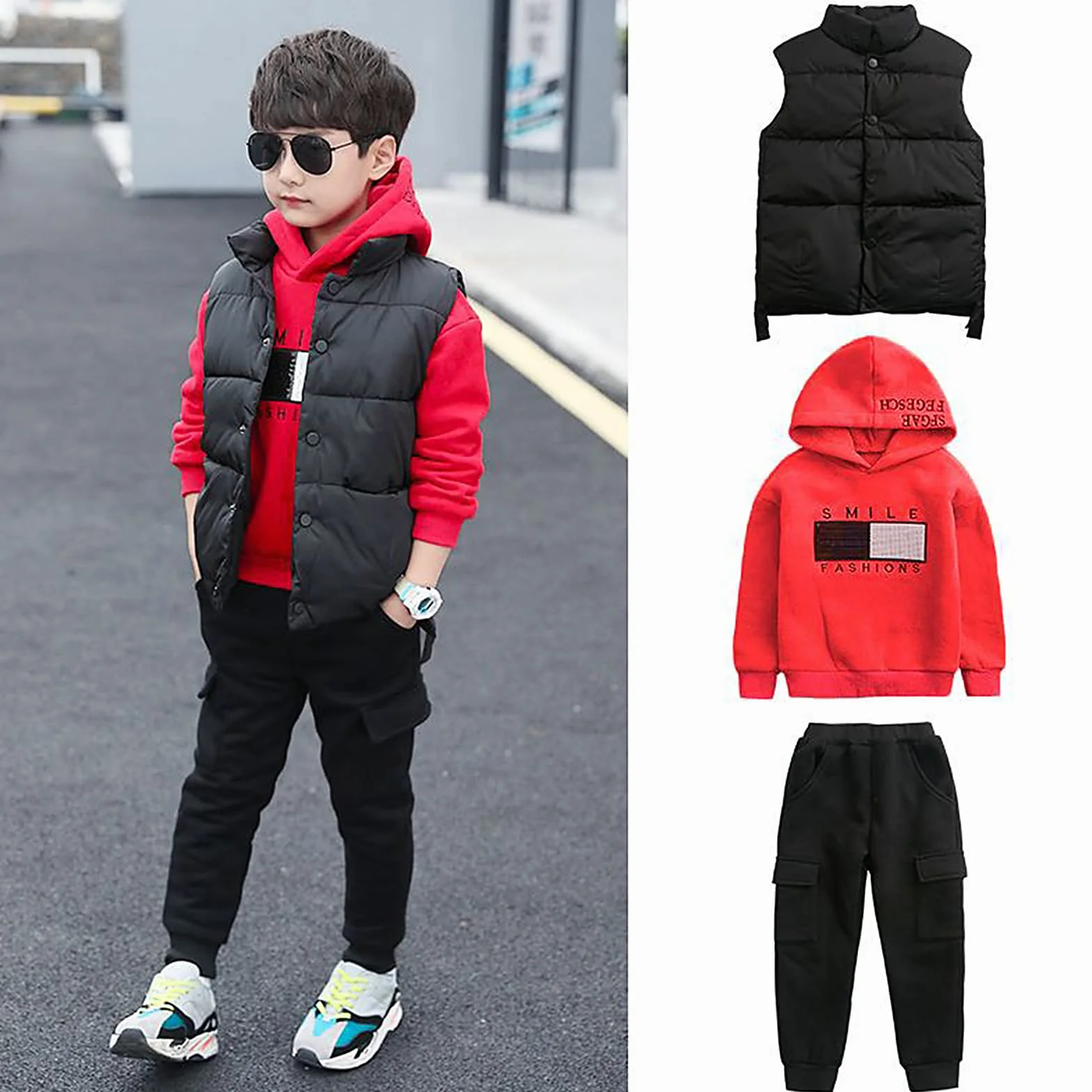 Amropi Chándal Niños 3 Piezas Sudadera Capucha Chaleco Pantalones Jogging Conjunto 3-12 años