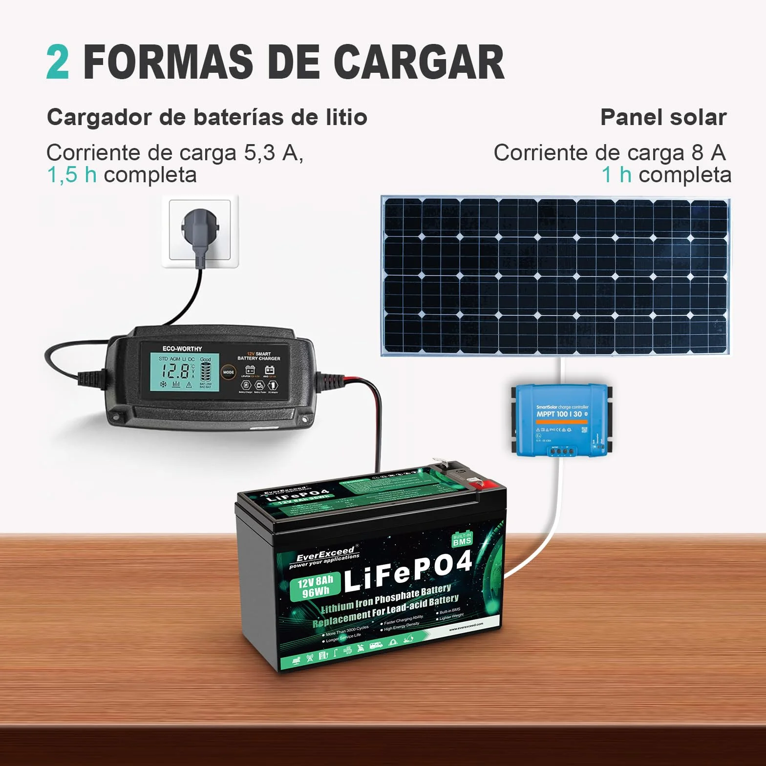 Batería LiFePO4 12V 8Ah BMS 3000 Ciclos Profundos Litio Solar Eólica Iluminación
