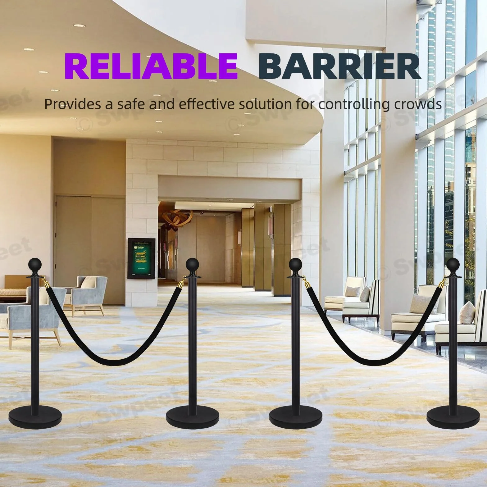 Swpeet 34Pcs Black Stanchion Post Queue Kit con Cuerda de Terciopelo Negro 5 Pies, Postes 38 Pulgadas, Base Metálica