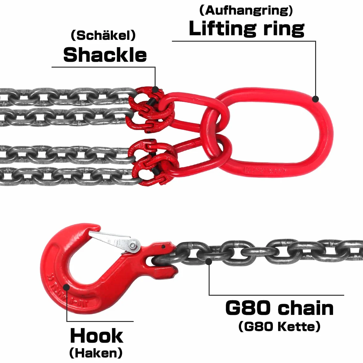 Eslinga de Cadena G80 Acero al Manganeso 4 Cuerdas 6,4T 8mm x 1,45m