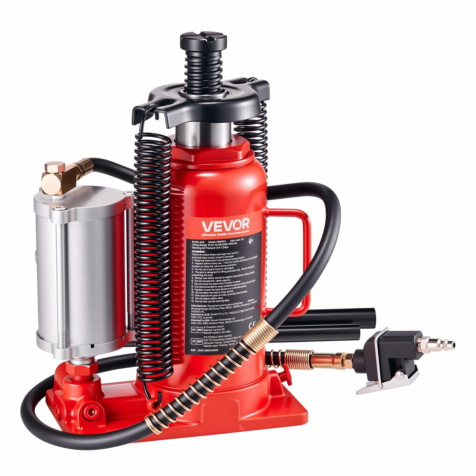 VEVOR Gato Hidráulico de Botella 20 T Rango de Elevación 260-495 mm Resistente Rojo