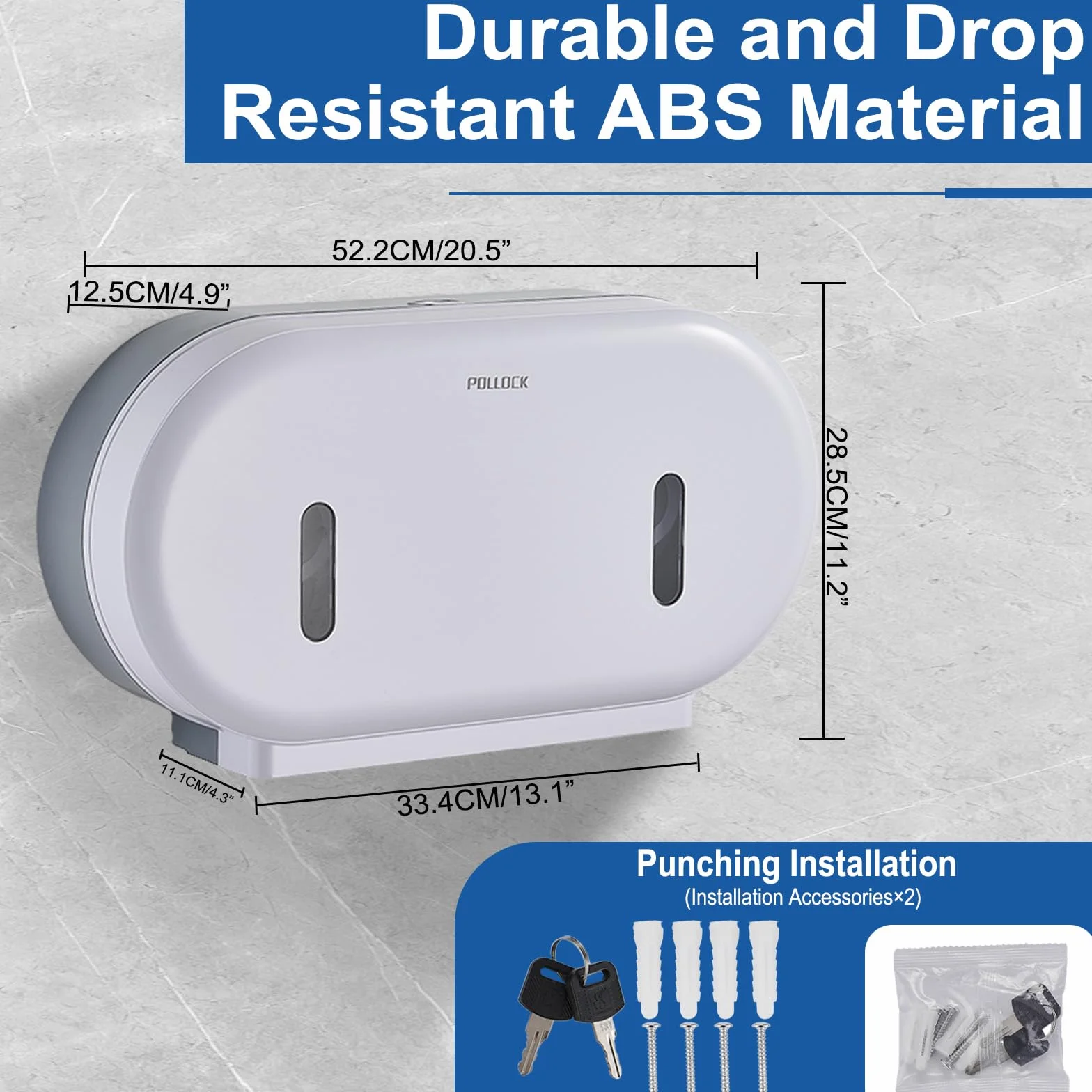 Pollock Dispensador de Doble Rollo de Papel Higiénico Jumbo, Capacidad Extragrande, Sin Agujeros, Blanco