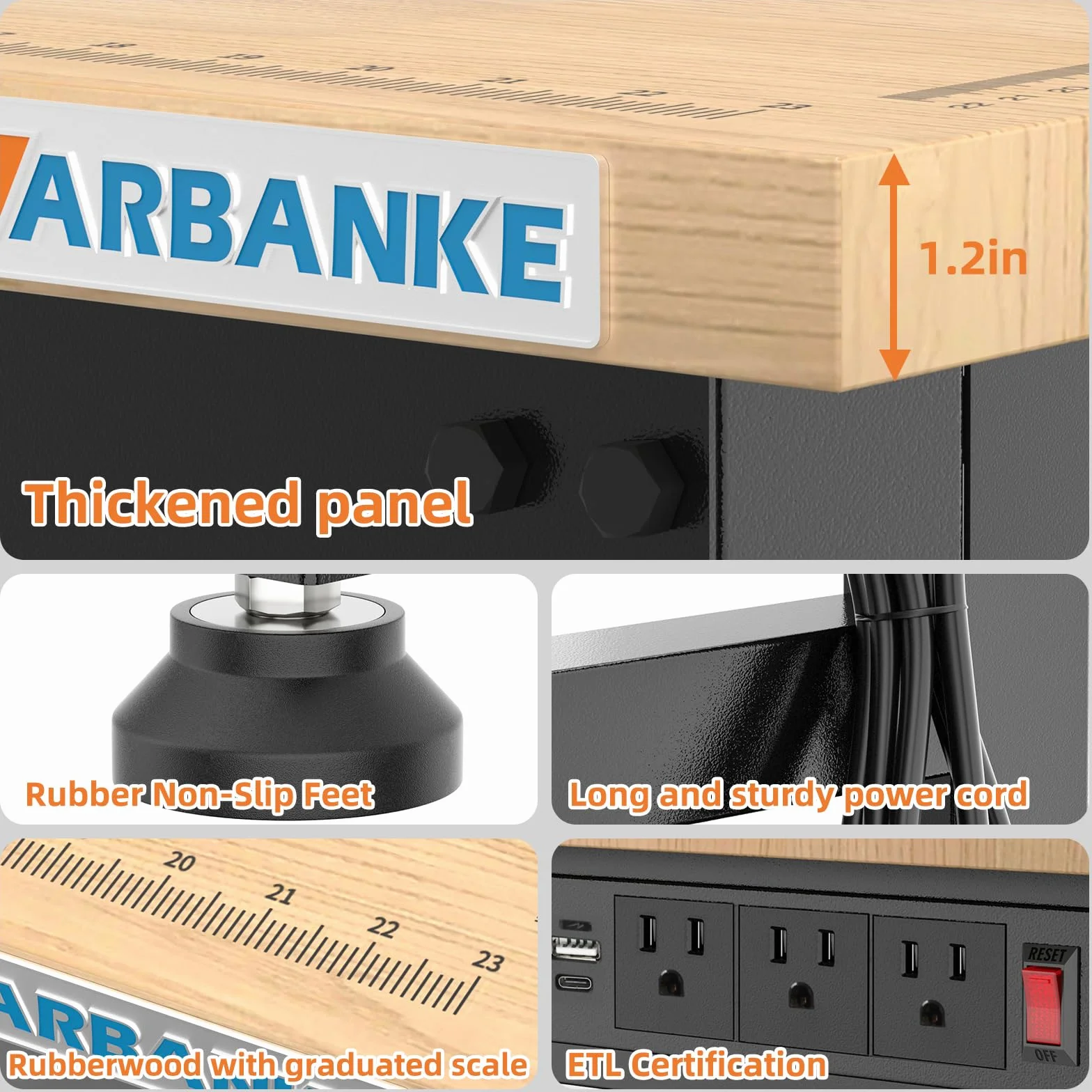Banco de trabajo ajustable 120 cm 900 kg mesa de madera de caucho 5 alturas panel de alimentación