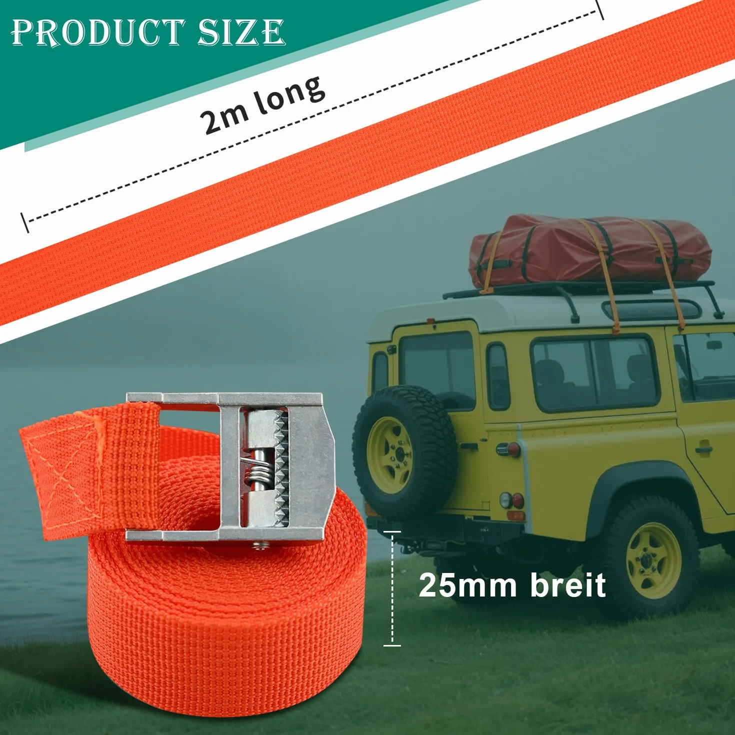 Cinchas de Amarre 25mm x 2m Correas Tensoras Naranja DIN EN 12195-2 para Motos Furgonetas Bicicletas